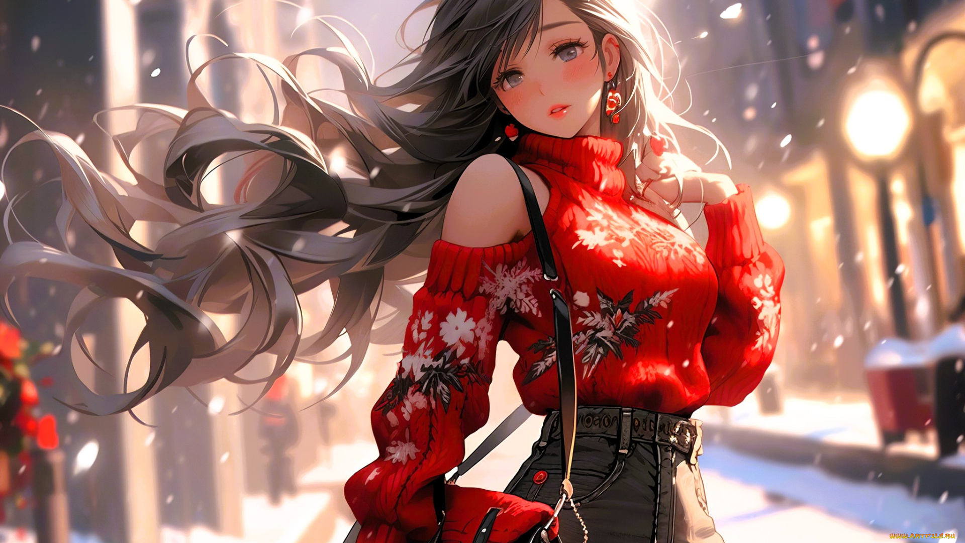 аниме, зима, , новый, год, , рождество, девушка, сумка, свитер, джинсы, снег, улица