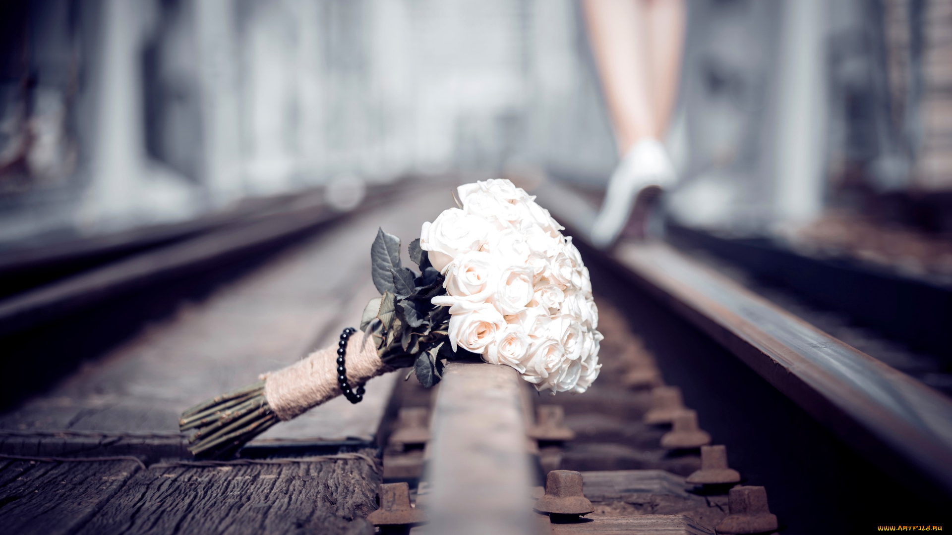 цветы, розы, букет, браслет, железная, дорога, рельсы, ноги