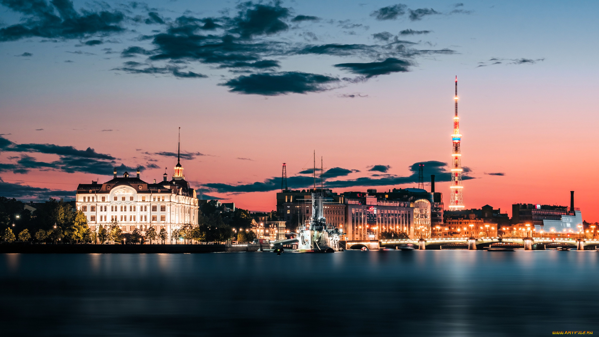 города, санкт-петербург, , петергоф, , россия, здания, огни, закат, мост, река, корабль