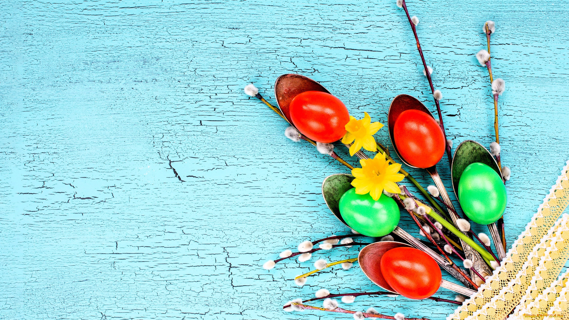 праздничные, пасха, букет, яйца, ветки, верба, цветы, нарциссы, кружево