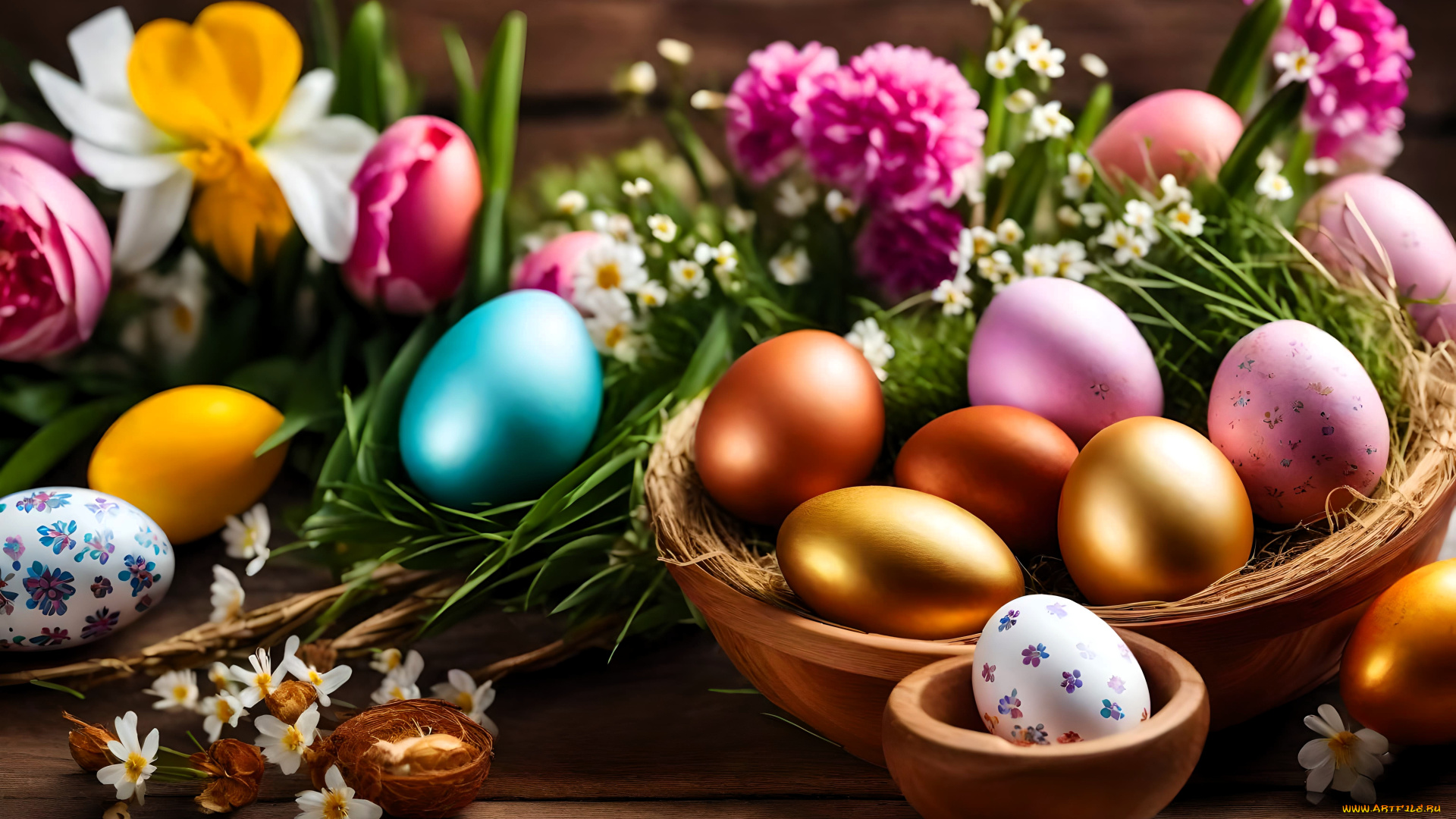 праздничные, пасха, яйца, цветы, корзина