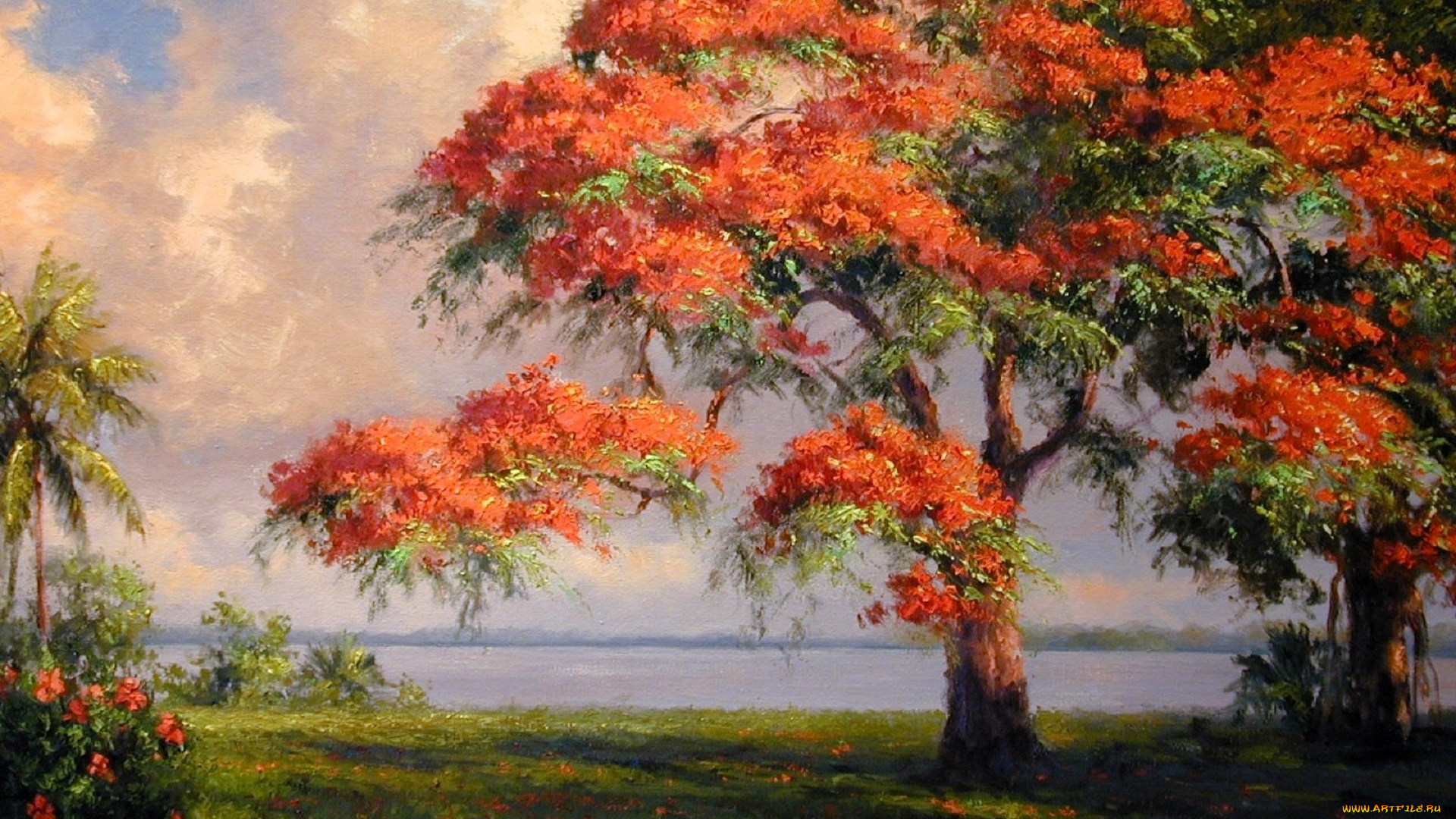 рисованное, albert, ernest, backus, деревья, сад, лужайка, озеро