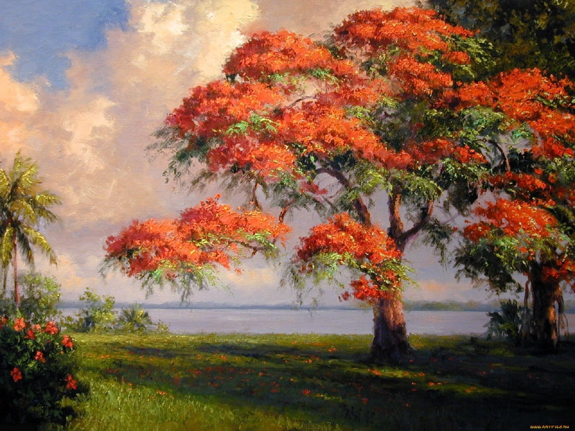 рисованное, albert, ernest, backus, деревья, сад, лужайка, озеро