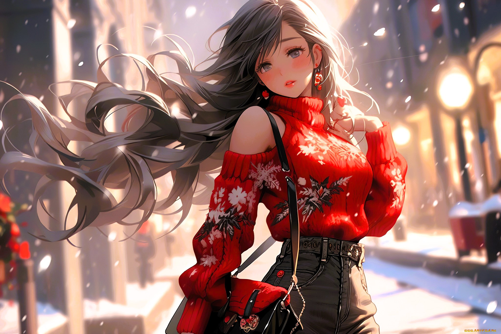 аниме, зима, , новый, год, , рождество, девушка, сумка, свитер, джинсы, снег, улица