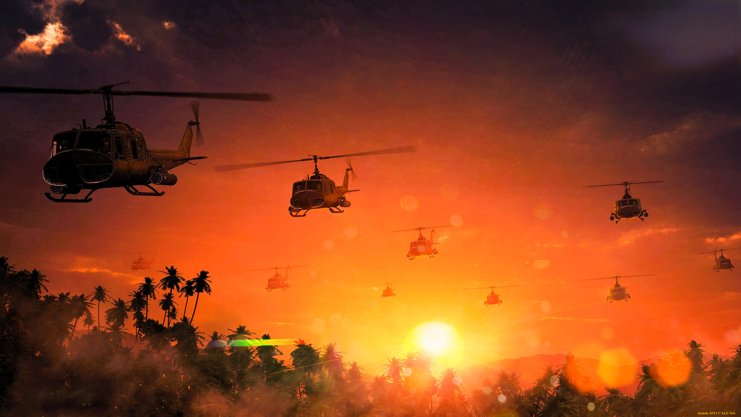 видео, игры, war, thunder, закат, облака, вертолеты, пальмы, джунгли