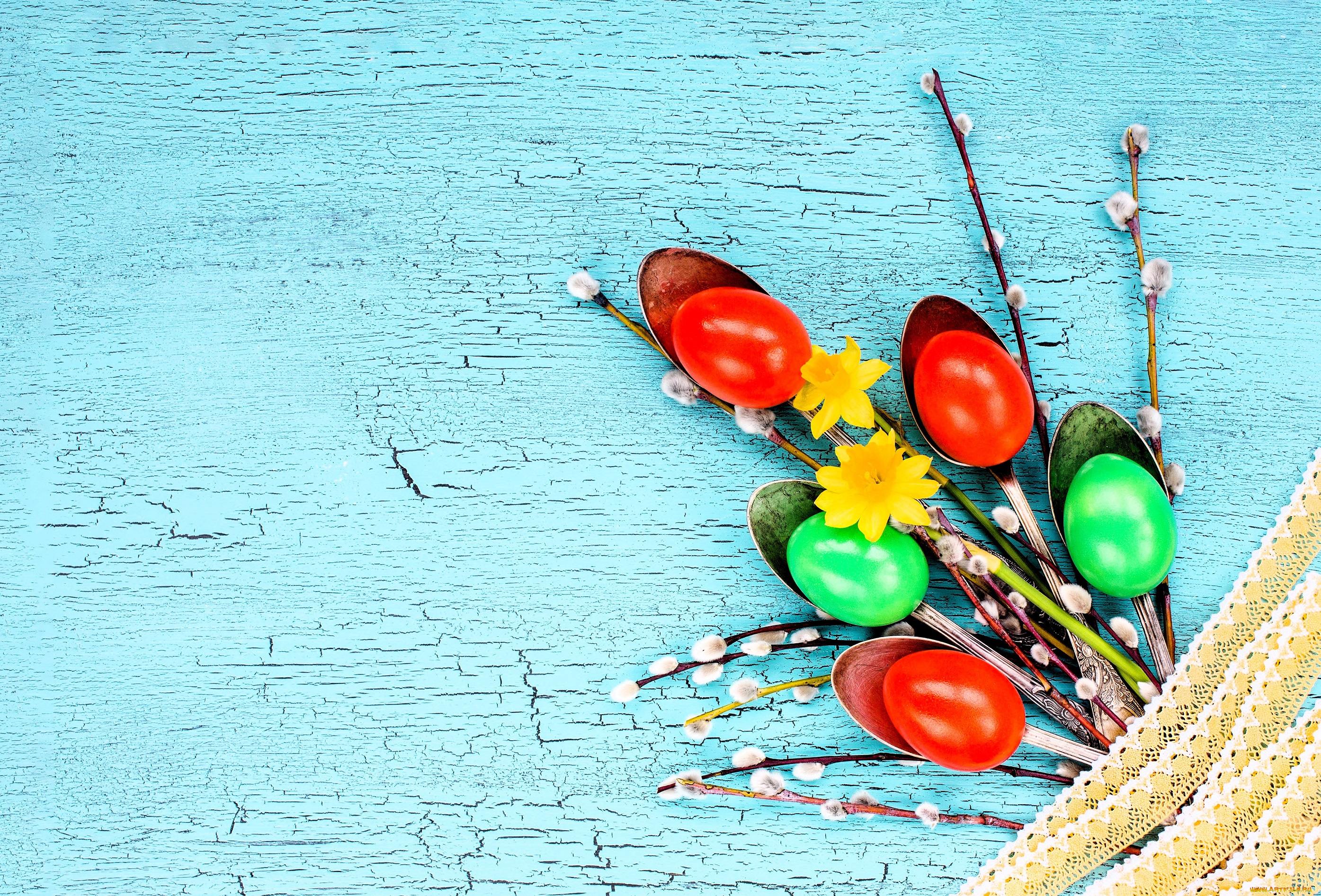 праздничные, пасха, букет, яйца, ветки, верба, цветы, нарциссы, кружево