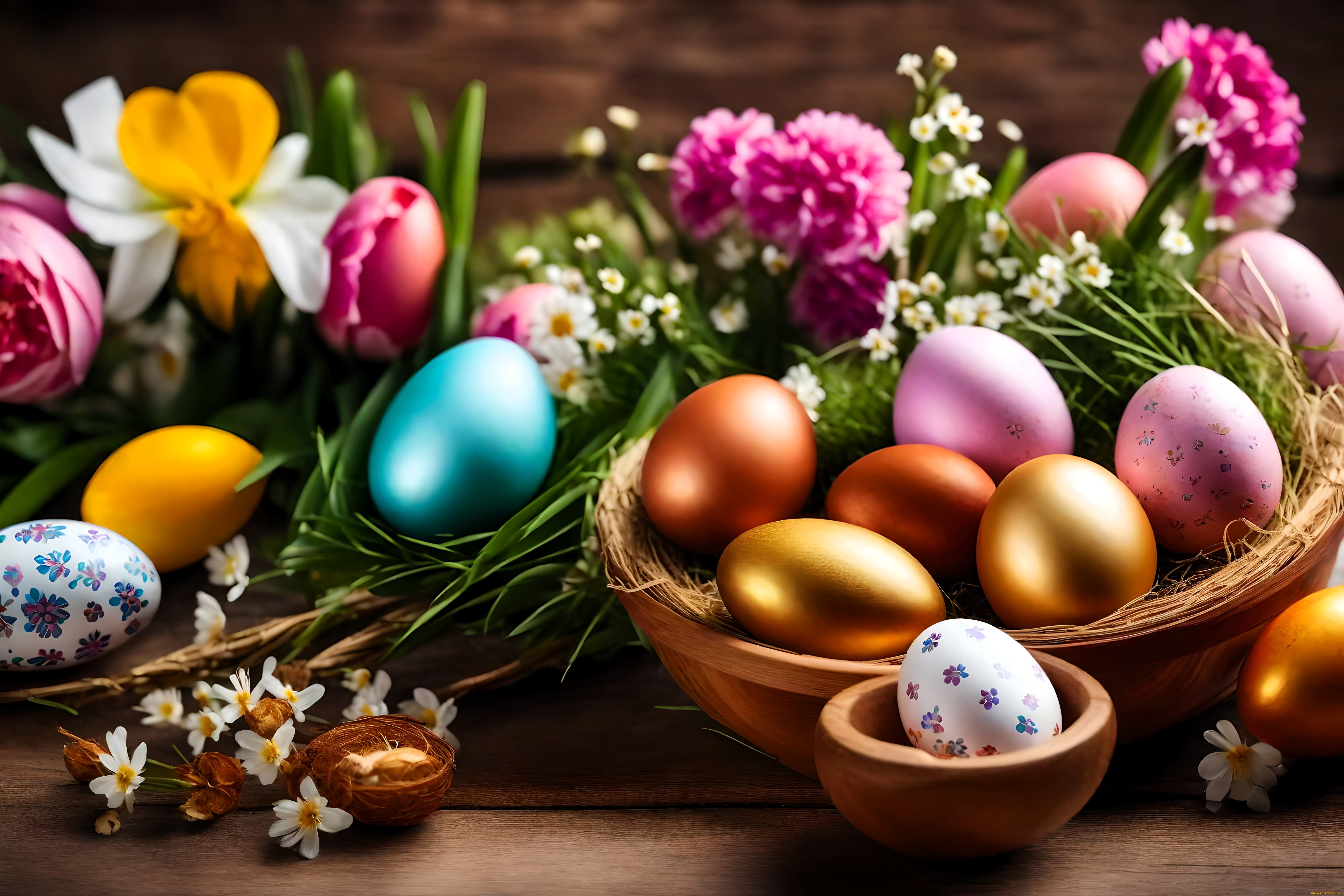 праздничные, пасха, яйца, цветы, корзина