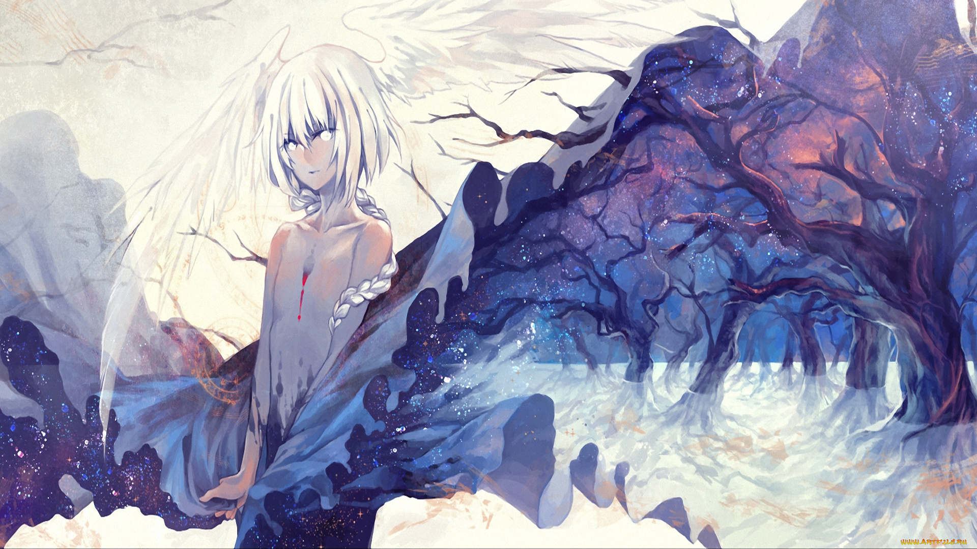аниме, angels, demons, девушка, светловолосая, взгляд, крылья, ткань, коса, деревья, снег, метель, кровь