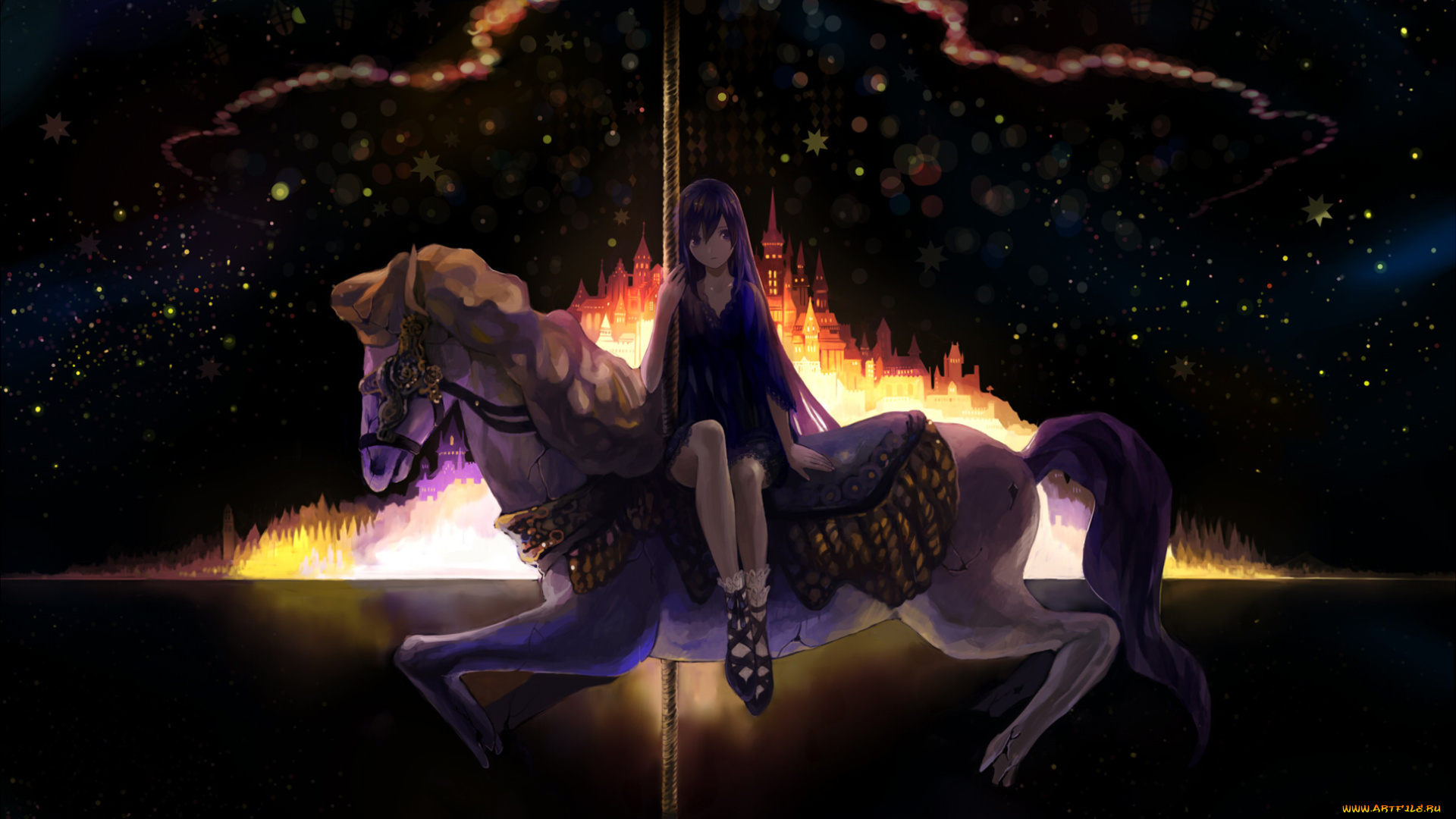 аниме, *unknown, другое, девушка, свет, город, лошадь, звезды, ночь, карусель