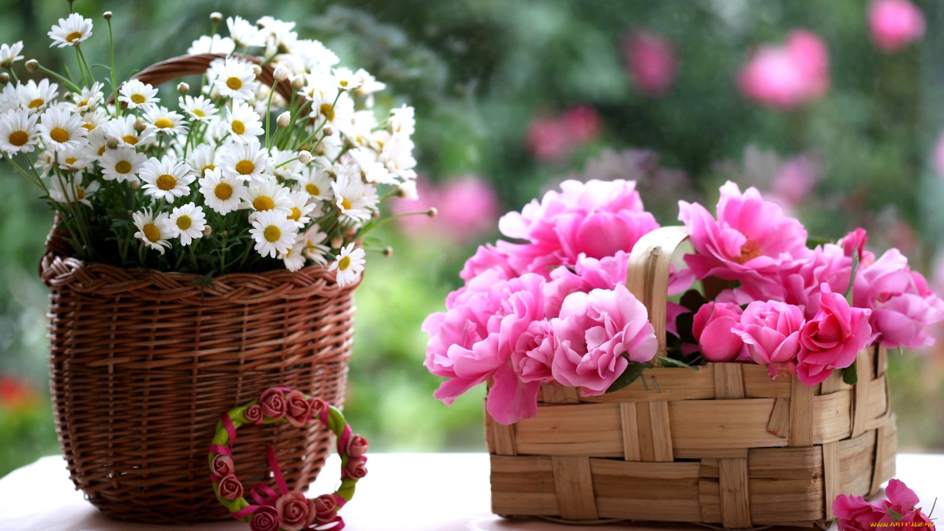 цветы, разные, вместе, розы, корзинки, ромашки