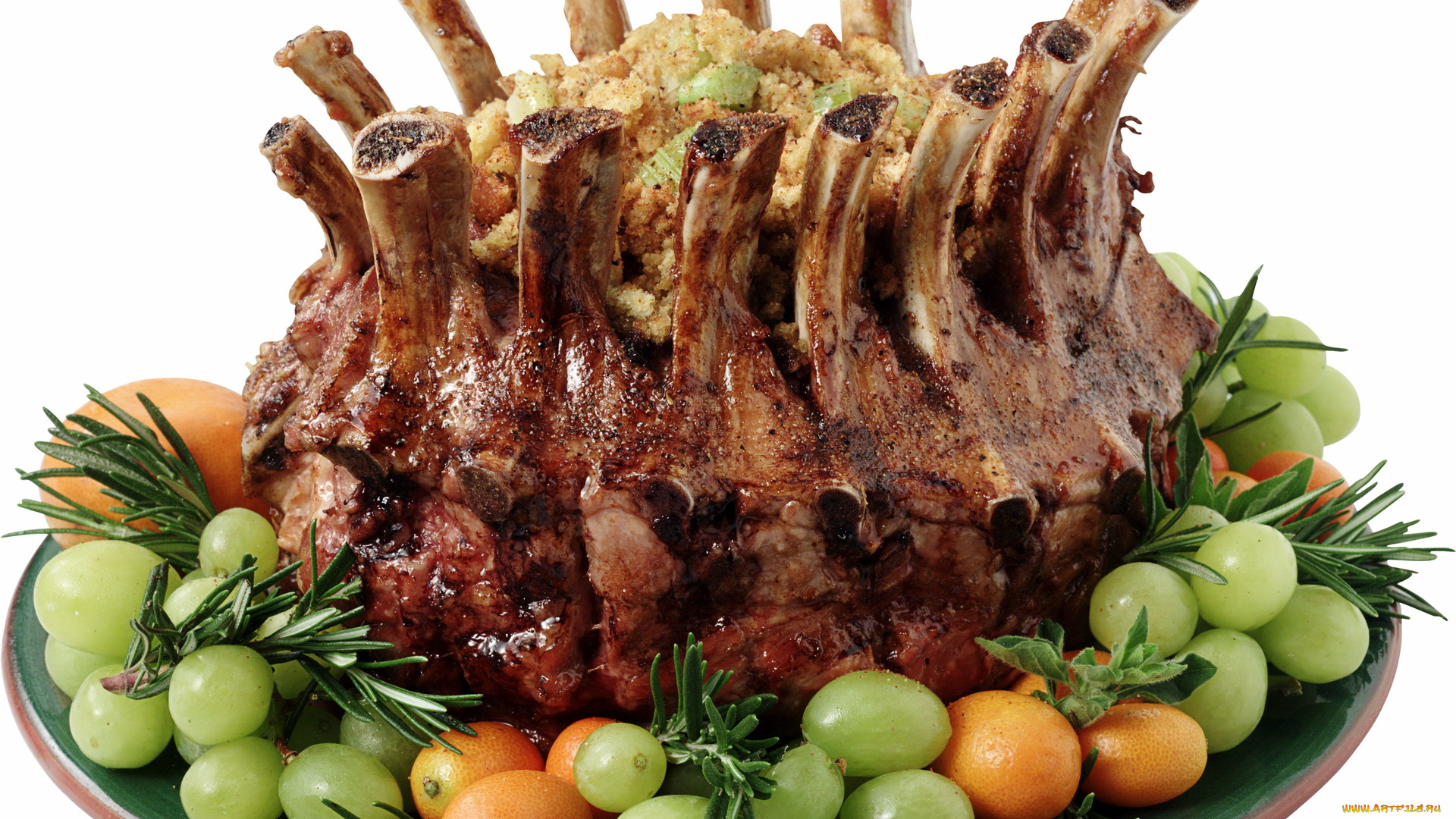 еда, мясные, блюда, тарелка, виноград, ребрышки