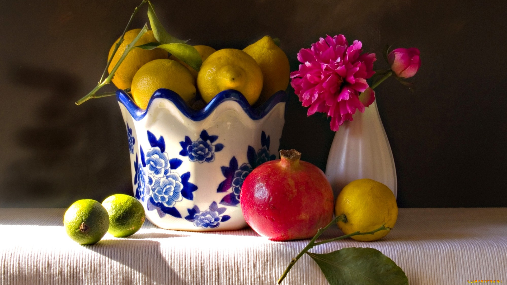 еда, натюрморт, пион, гранат, лимоны, лайм
