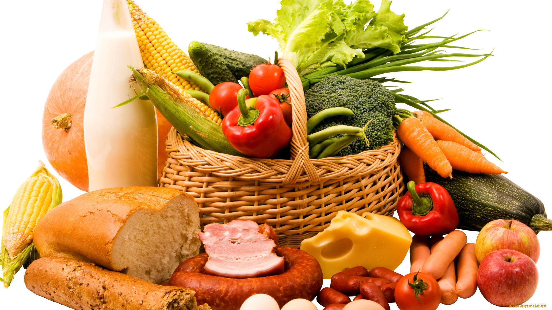 еда, разное, хлеб, перец, колбаса, мясо, кукуруза, сыр, помидоры, томаты