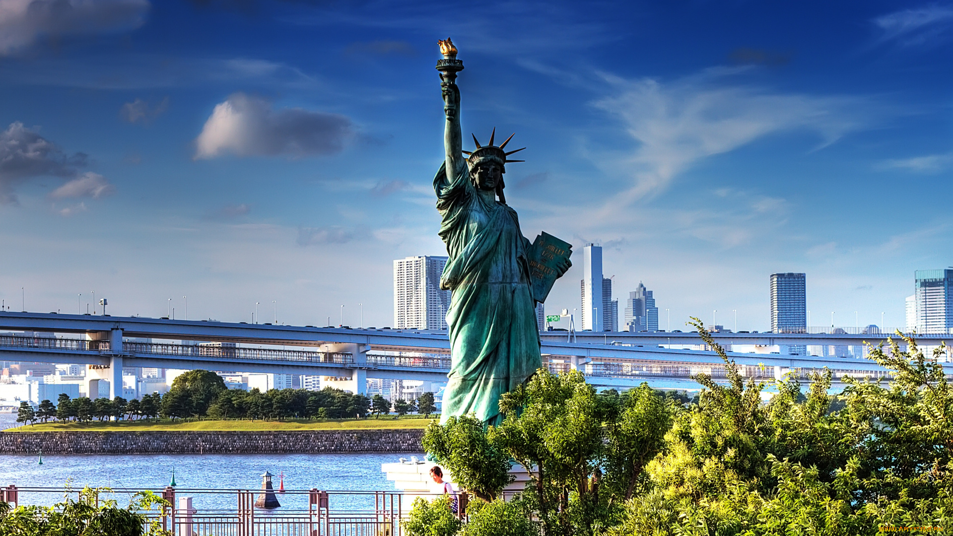 города, нью, йорк, сша, статуя, свободы, небоскребы