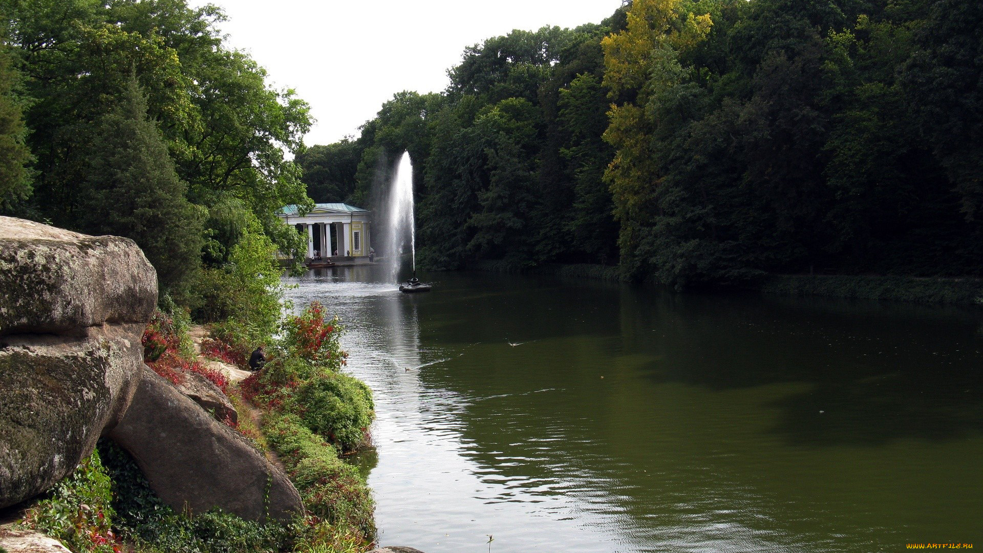 природа, парк, река, фонтан, камни