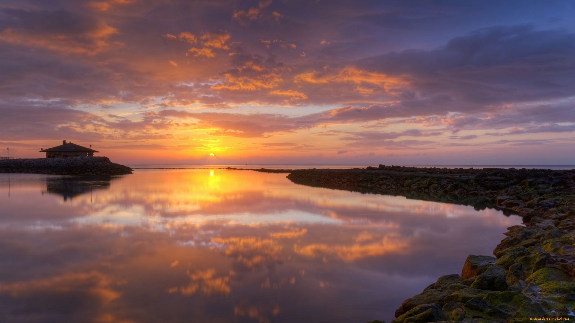 природа, восходы, закаты, водоем, камни, берег, небо, солнце, закат