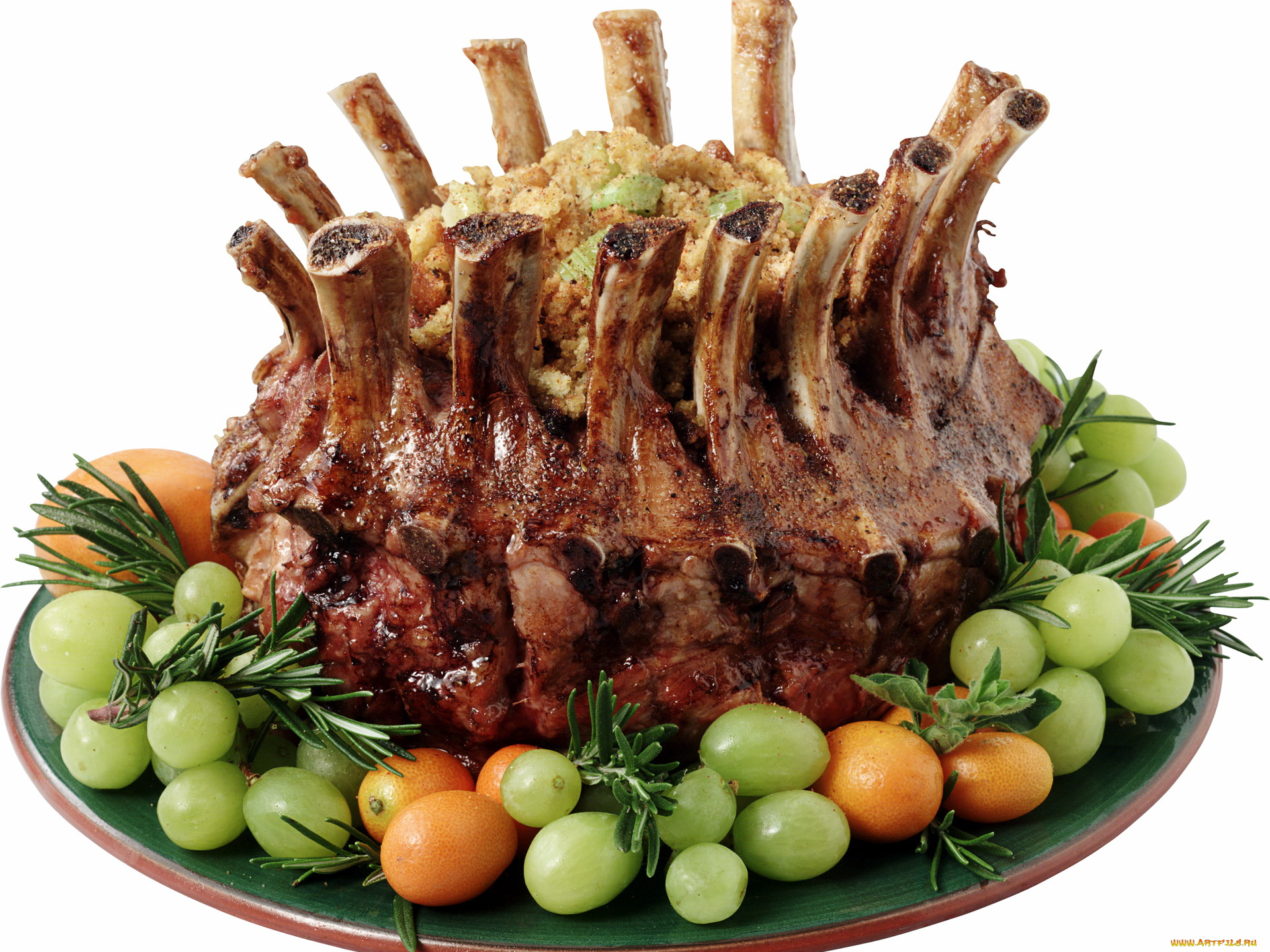 еда, мясные, блюда, тарелка, виноград, ребрышки