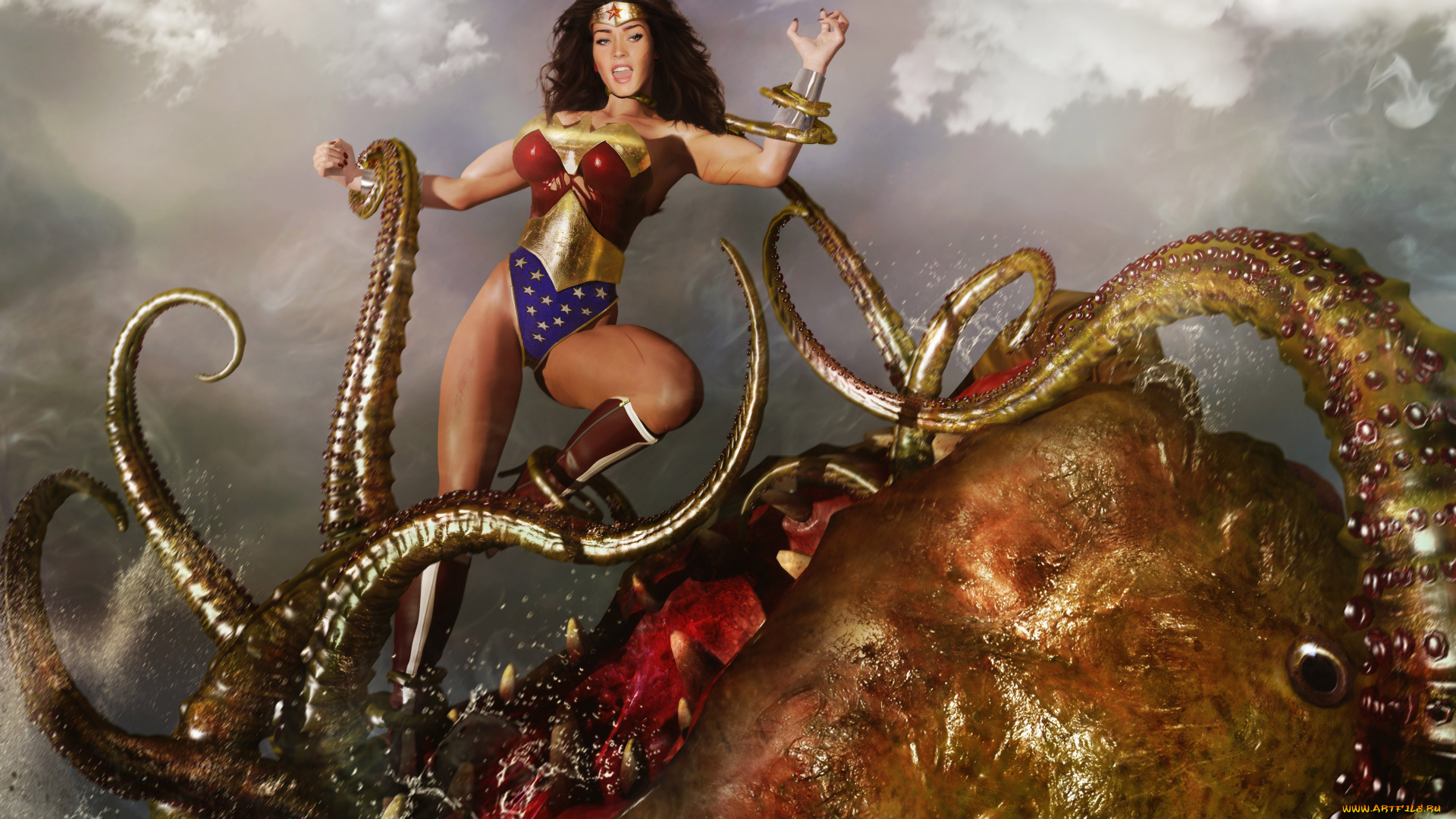 3д, графика, fantasy, фантазия, девушка, восьминог