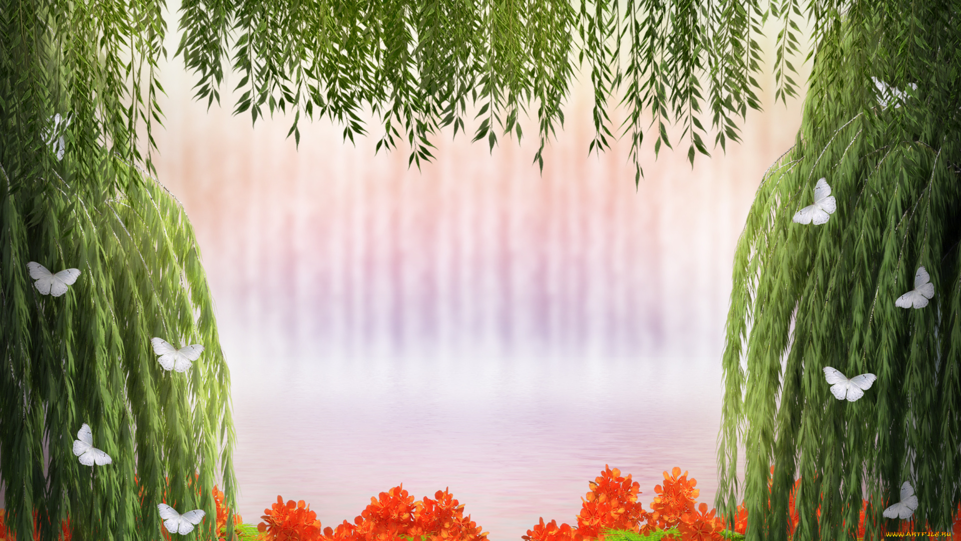 3д, графика, nature, landscape, природа, листья, ветки, мотыльки