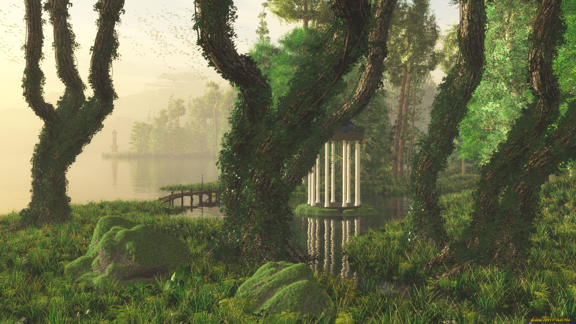 3д, графика, nature, landscape, природа, вода, парк, беседка, деревья
