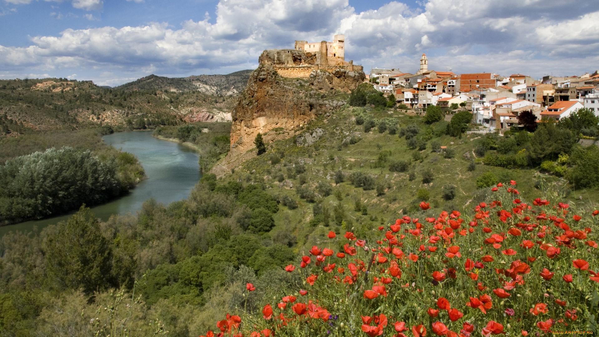 cofrentes, valencia, spain, города, пейзажи, маки, река, деревня, испания, кофрентес, валенсия