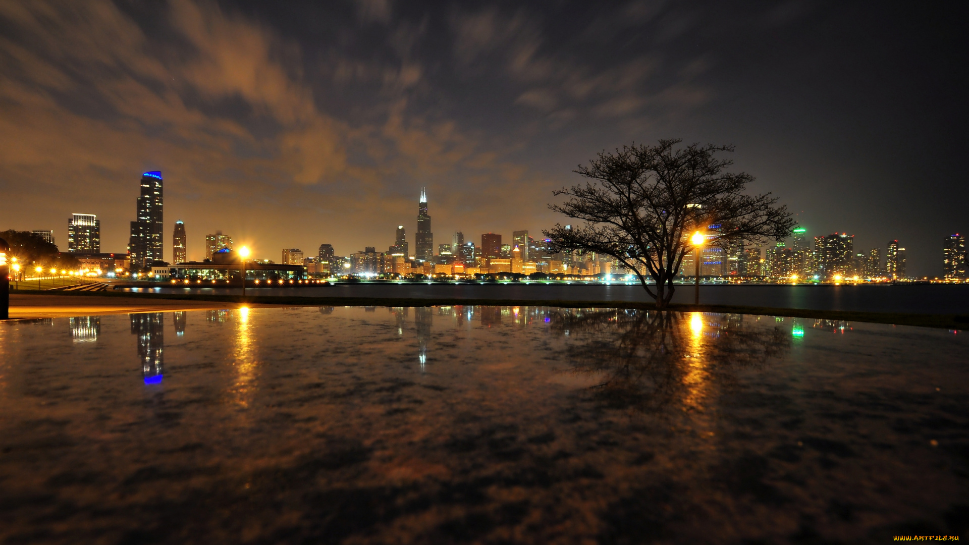 города, Чикаго, сша, ночь, пейзаж, огни