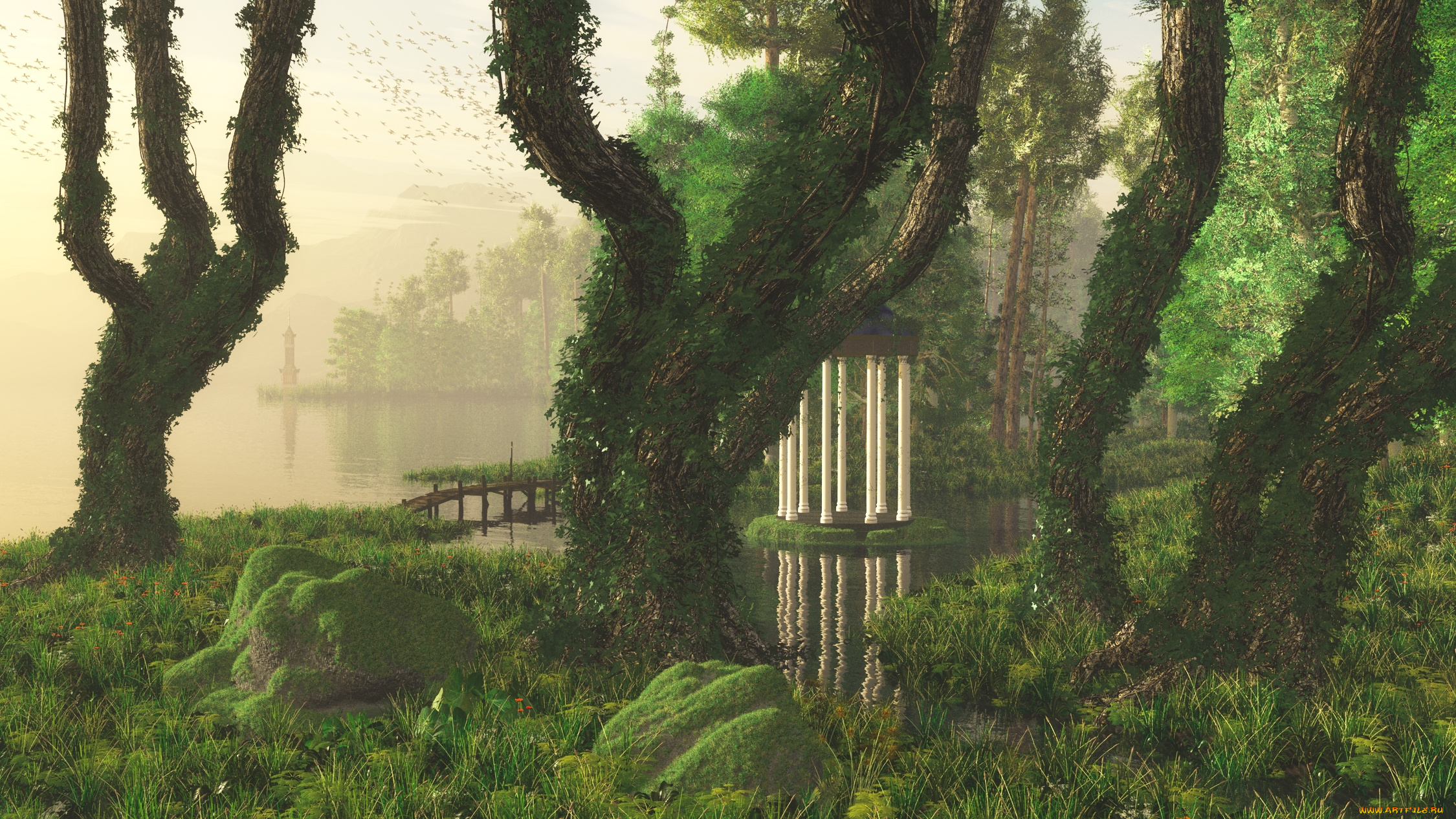 3д, графика, nature, landscape, природа, вода, парк, беседка, деревья