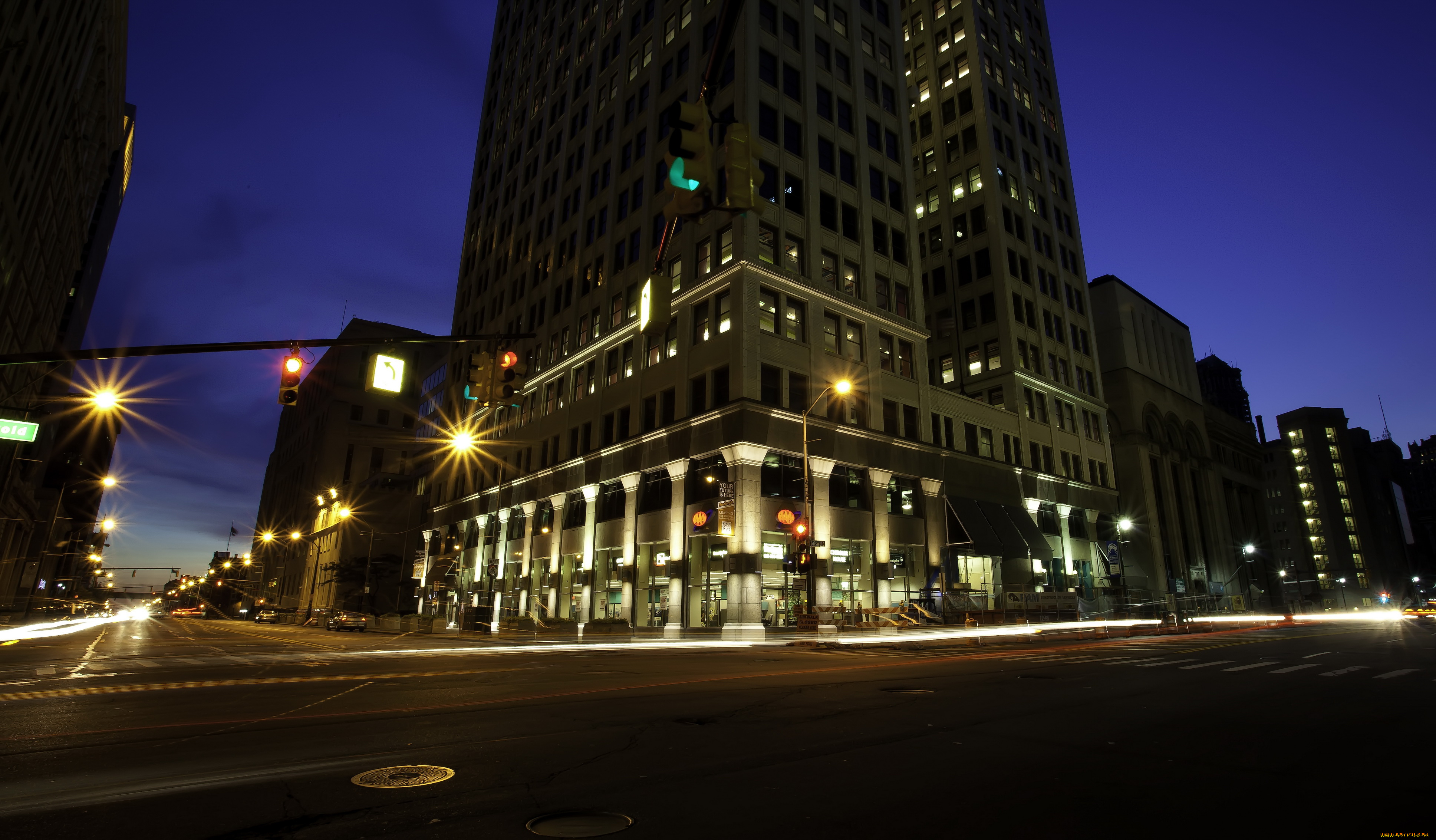 detroit, сша, города, огни, ночного, ночь, дома, улица