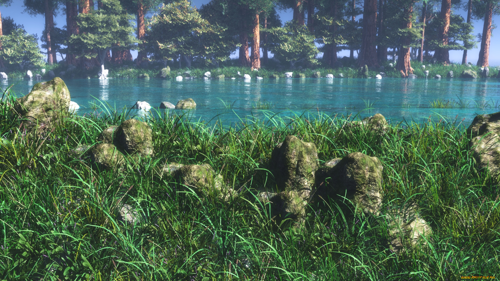 3д, графика, nature, landscape, , природа, деревья, река, трава, камни