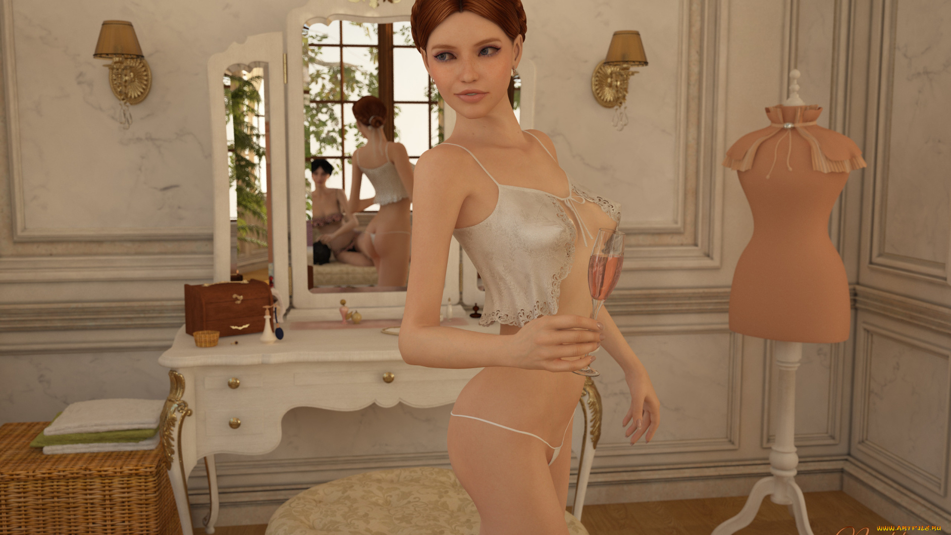 3д, графика, people, , люди, девушка, вино, зеркало, взгляд