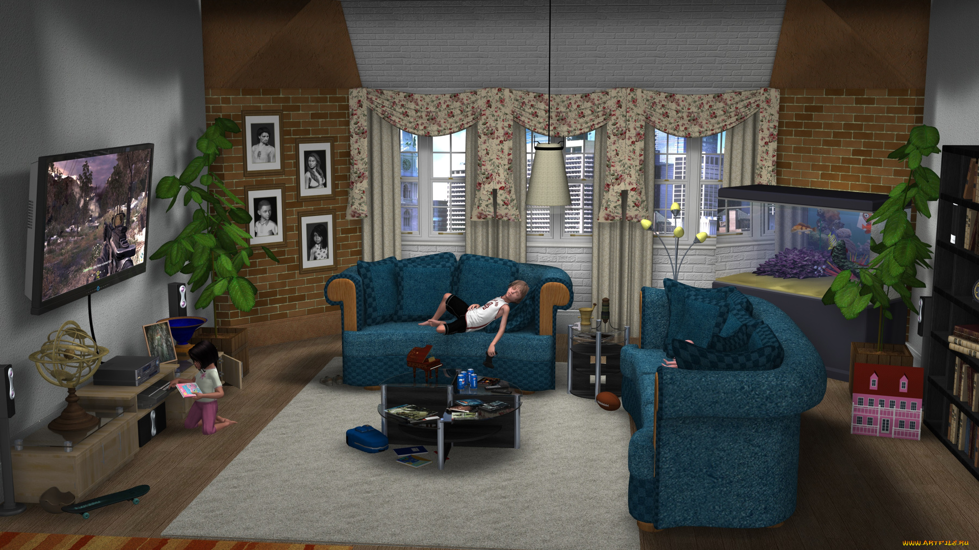 3д, графика, realism, , реализм, детская, диваны, игрушки, шторы, окно, растение, дети, комната, стол, аквариум