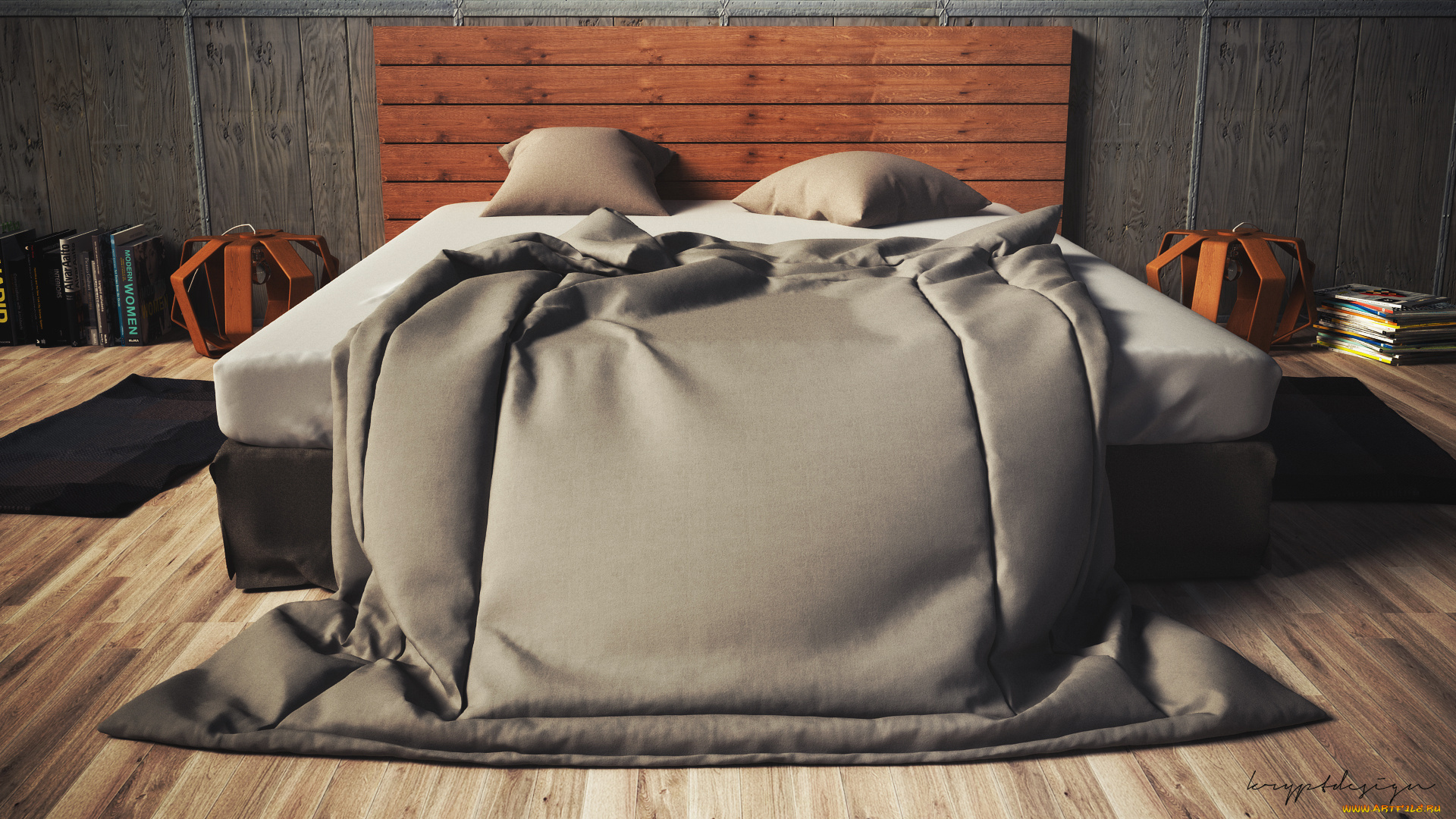 3д, графика, realism, , реализм, кровать, подушки, светильники