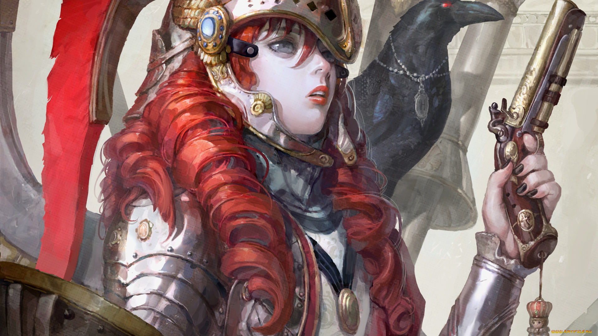 аниме, -weapon, , blood, &, technology, девушка, красные, волосы, ворона, кулон, шлем, воин, арт