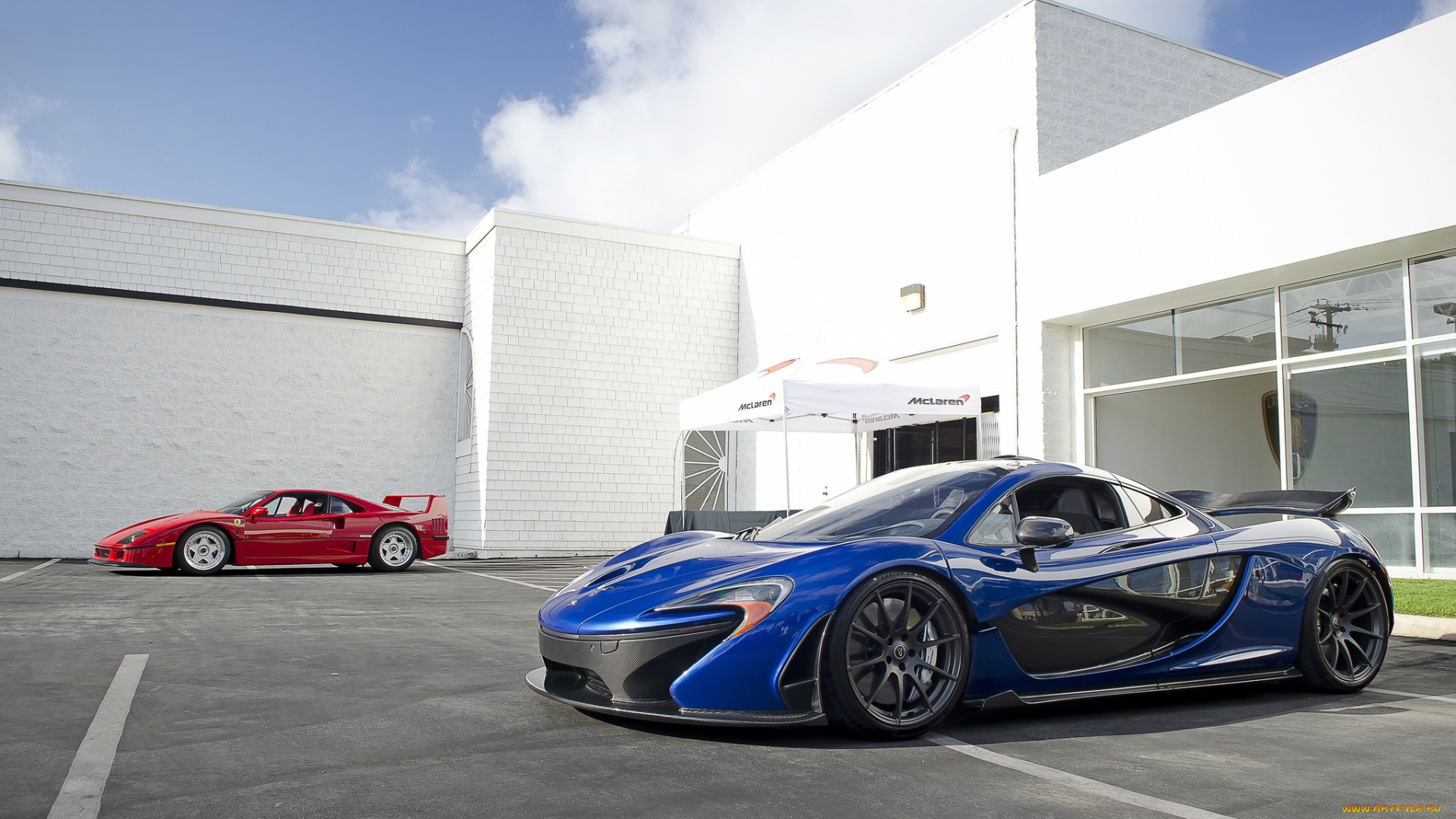 blue, mclaren, p1, and, red, ferrari, f40, автомобили, разные, вместе, авто, стоянка