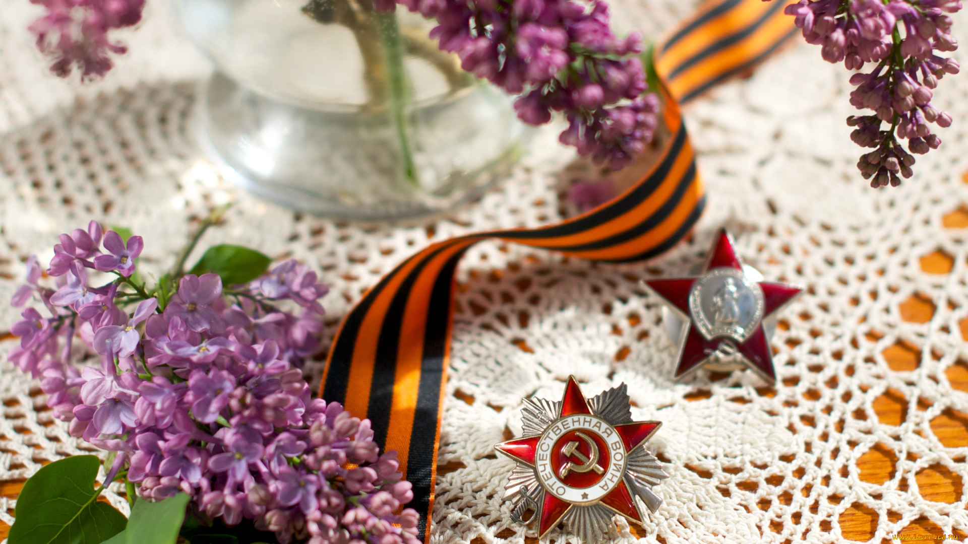 праздничные, день, победы, значки, лента, сирень