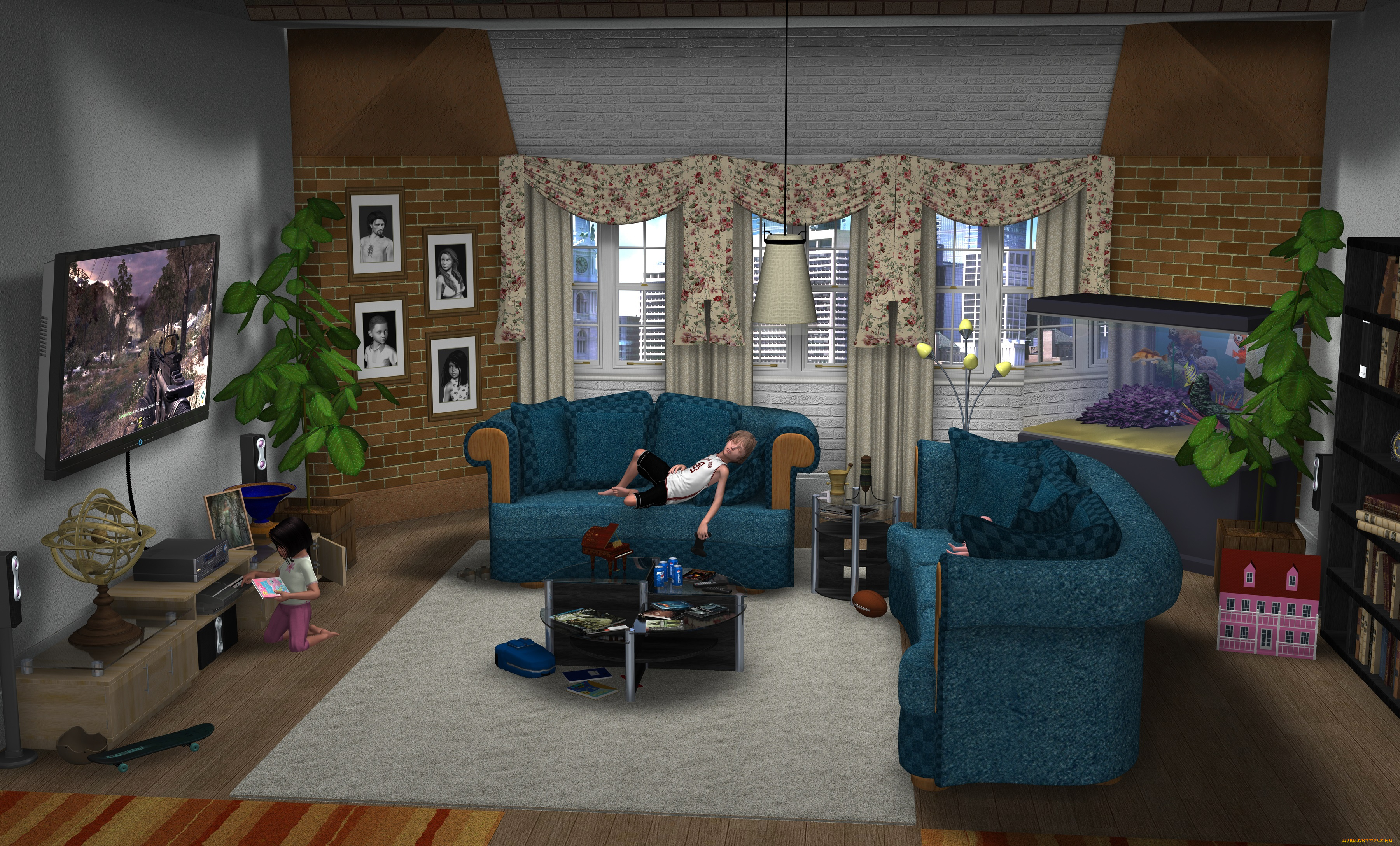 3д, графика, realism, , реализм, детская, диваны, игрушки, шторы, окно, растение, дети, комната, стол, аквариум