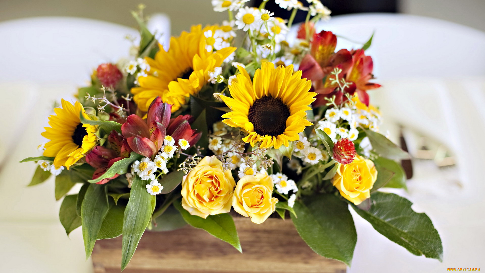 цветы, букеты, , композиции, подсолнух, альстромерия, розы