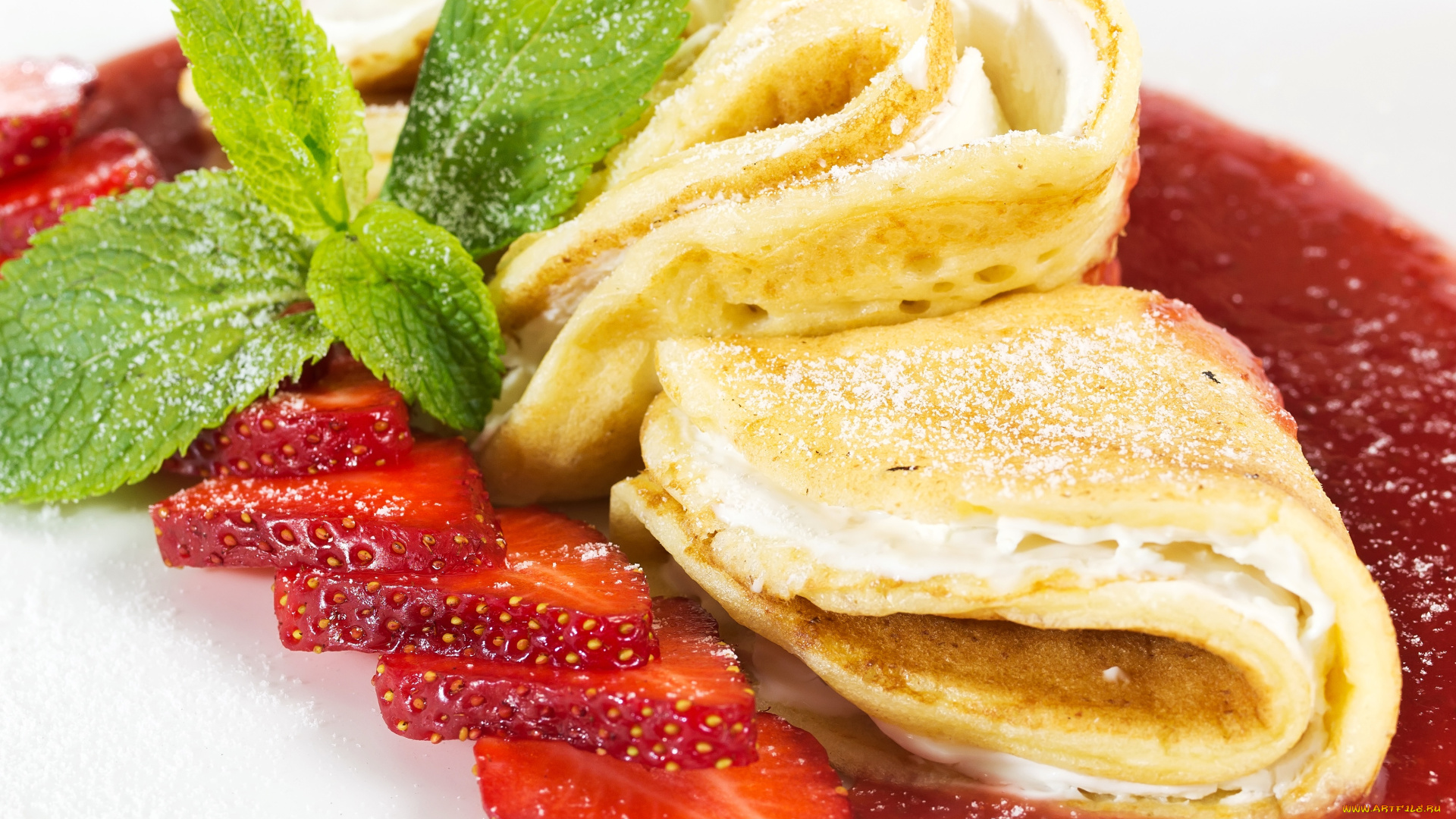 еда, блины, , оладьи, клубника, выпечка, блинчики, pancakes, strawberry, jam, мята, варенье