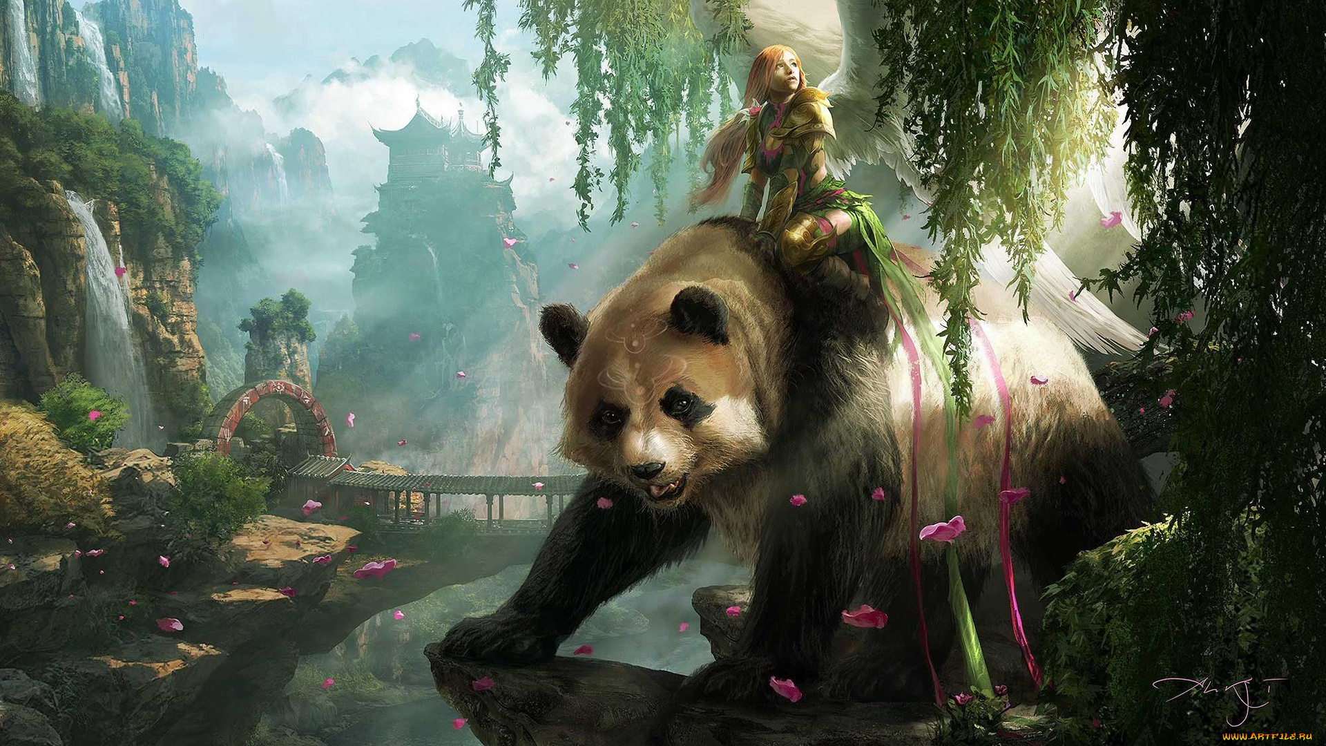 фэнтези, ангелы, крылья, животное, панда, арт, пейзаж, взгляд, девушка