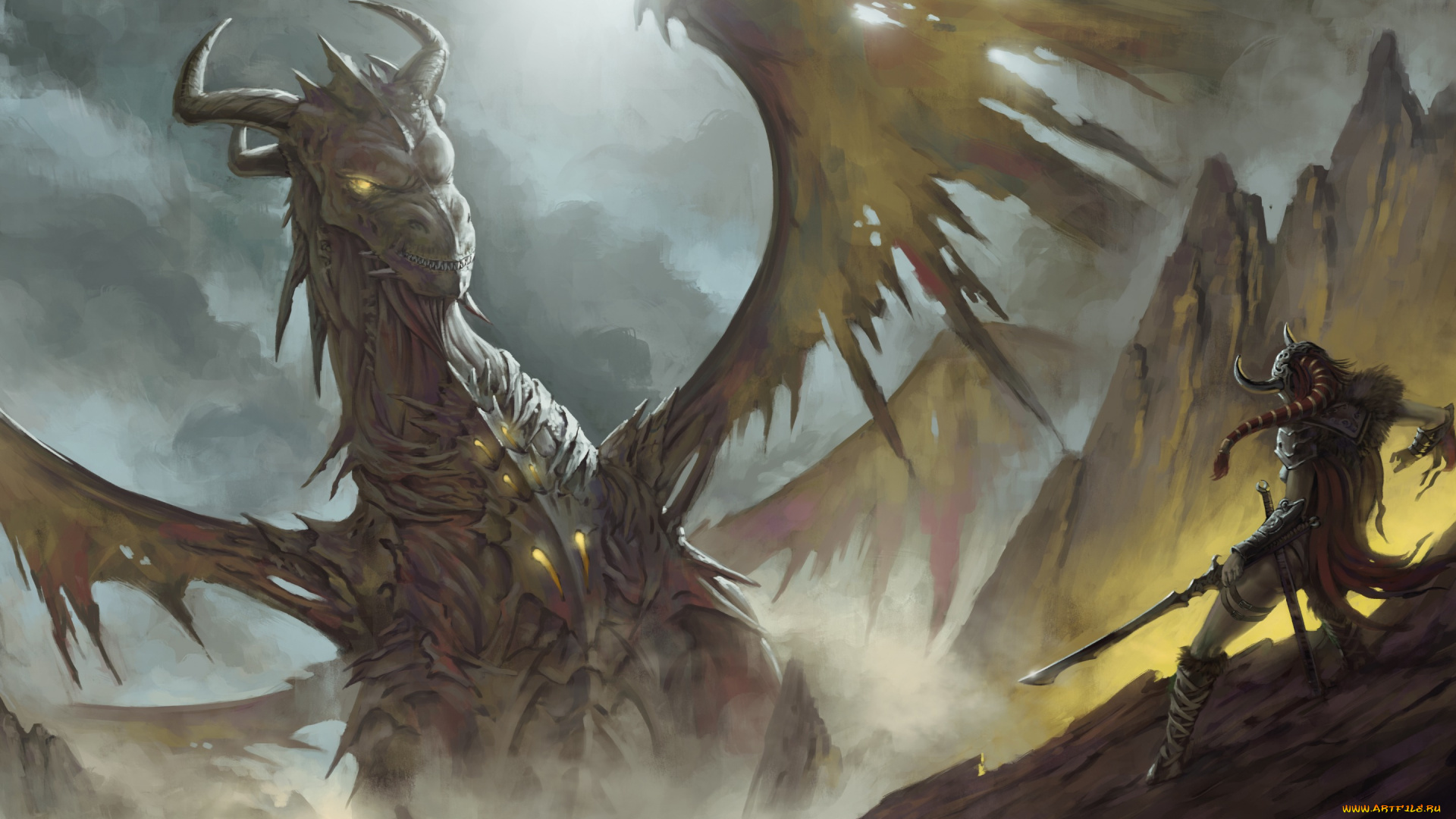 фэнтези, драконы, воин, меч, горы, скалы, шлем, рога, дракон, крылья, бой