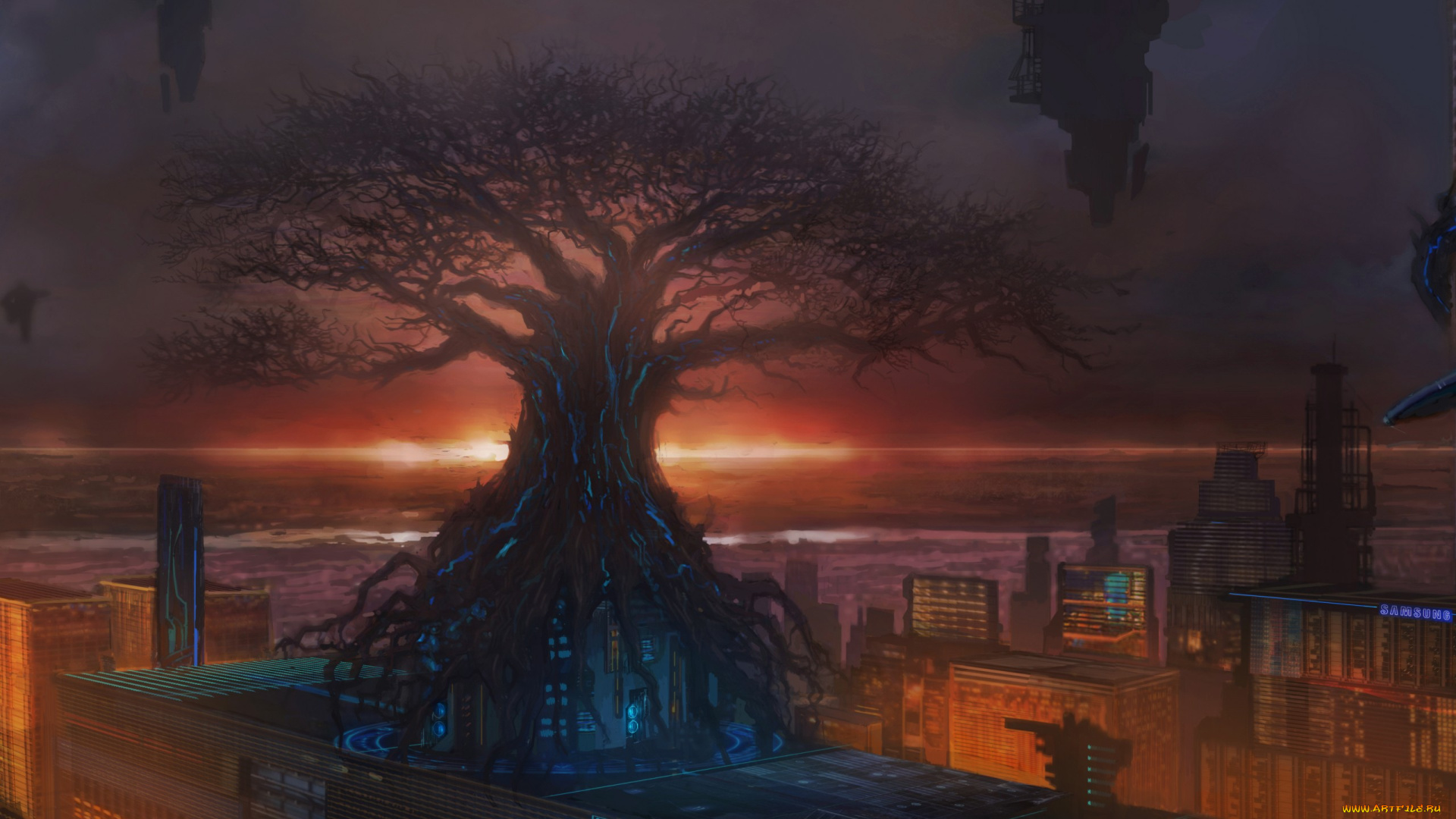 фэнтези, иные, миры, , иные, времена, tree, of, life, город, небоскребы, арт, фантастика, древо, дерево