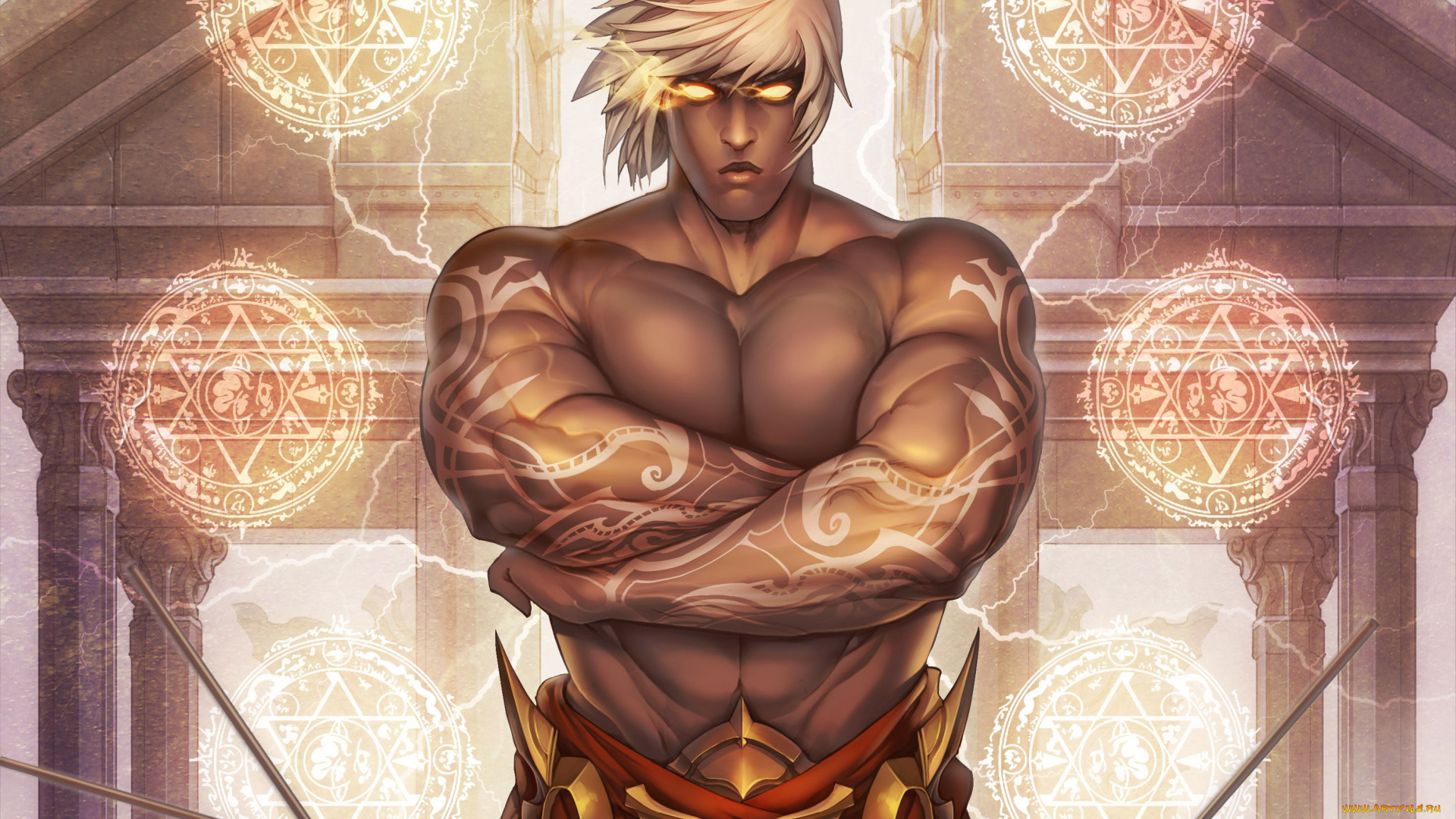 фэнтези, маги, , волшебники, мужчина, маг, магия, взгляд, белые, волосы, мускулы, тату, art