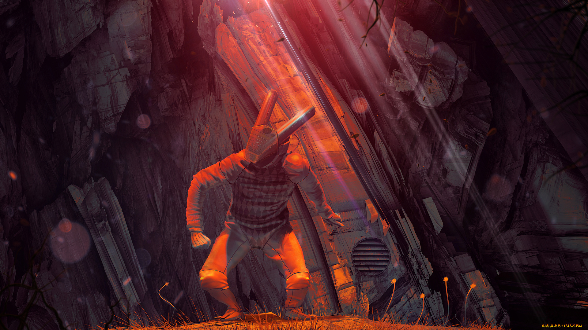 фэнтези, роботы, , киборги, , механизмы, rabbit, шлем, человек, скалы, фантастика, art