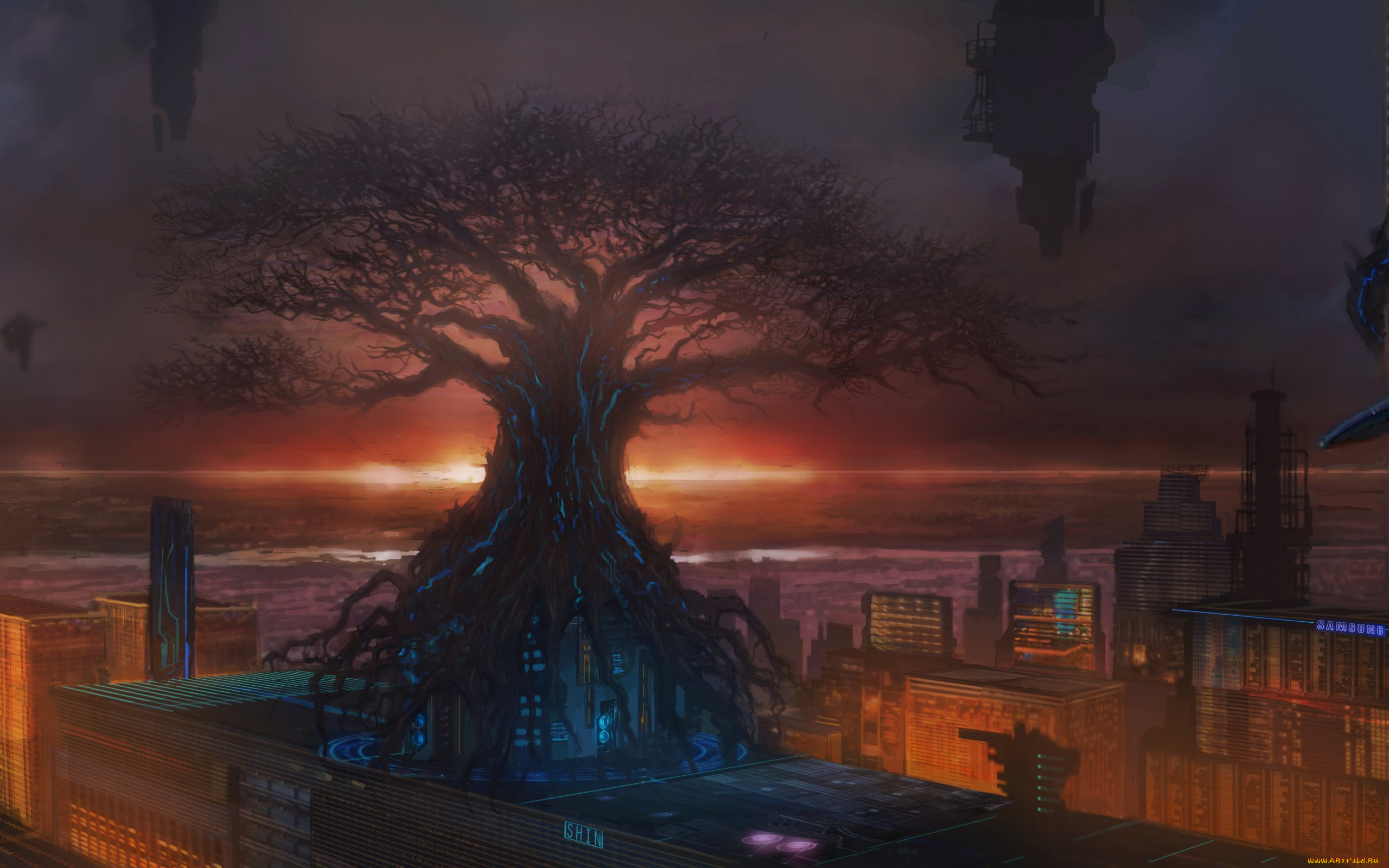 фэнтези, иные, миры, , иные, времена, tree, of, life, город, небоскребы, арт, фантастика, древо, дерево