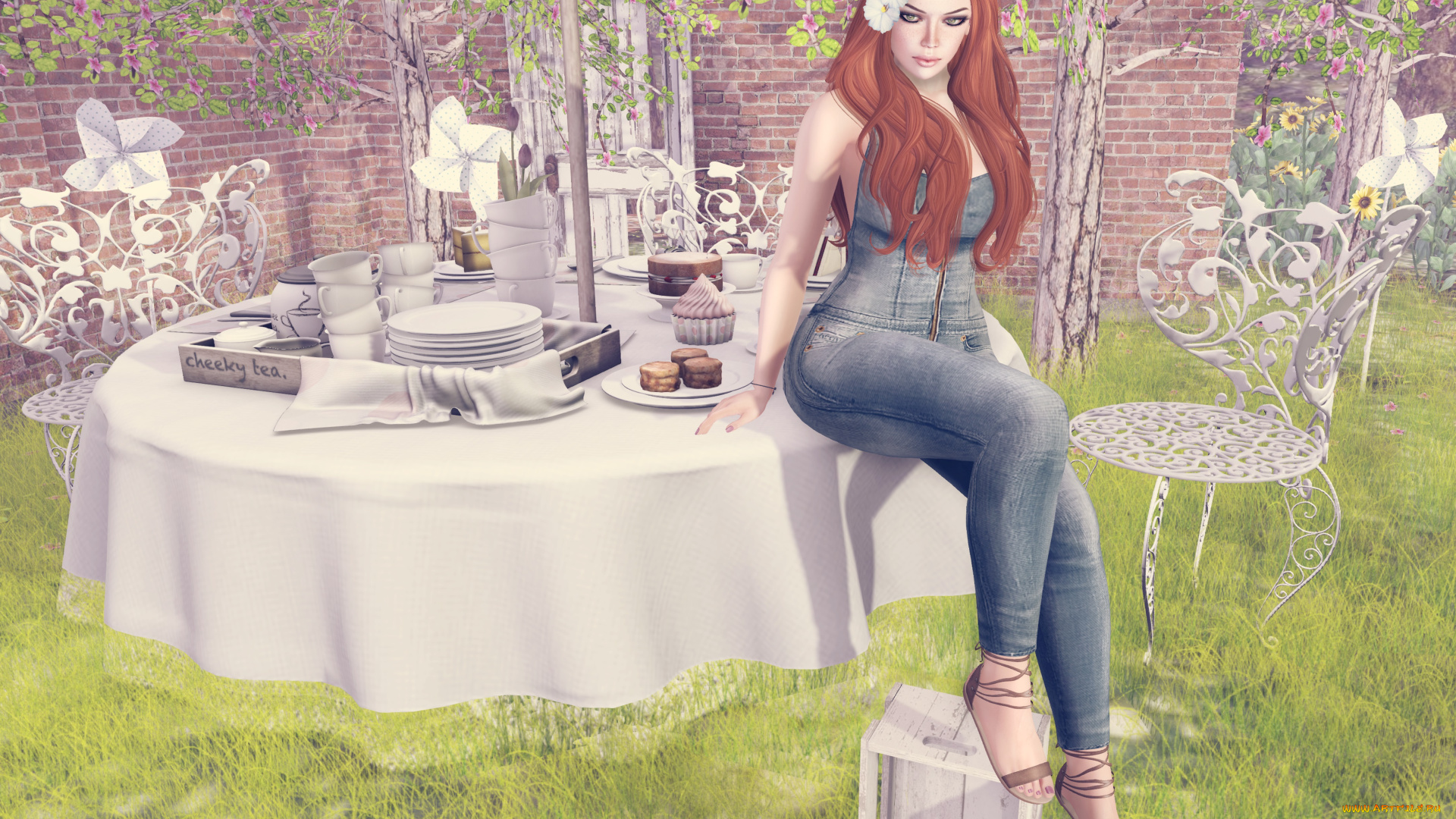 3д, графика, люди, , people, взгляд, девушка, рыжая, фон