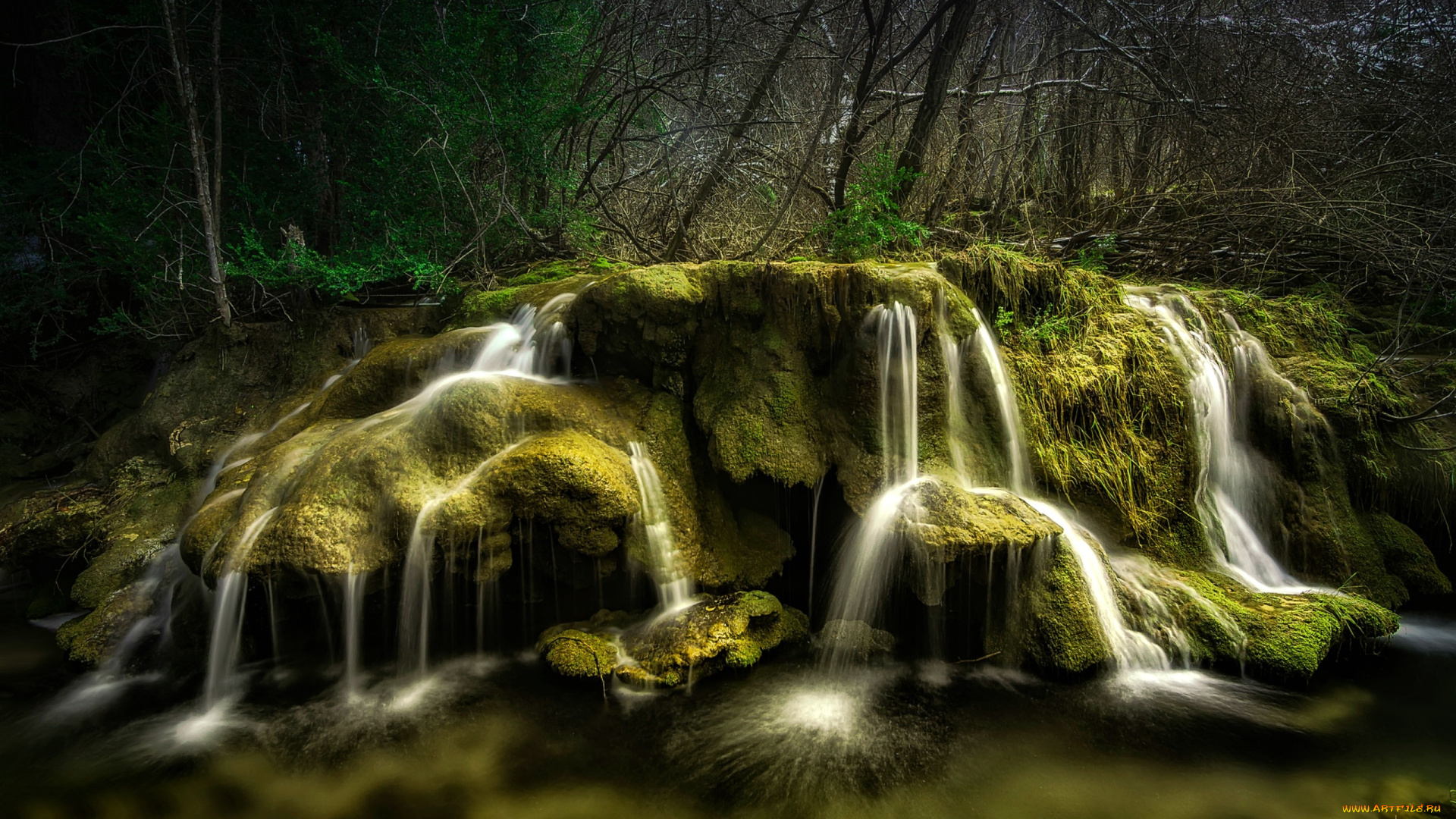 природа, водопады, поток, мох, камни