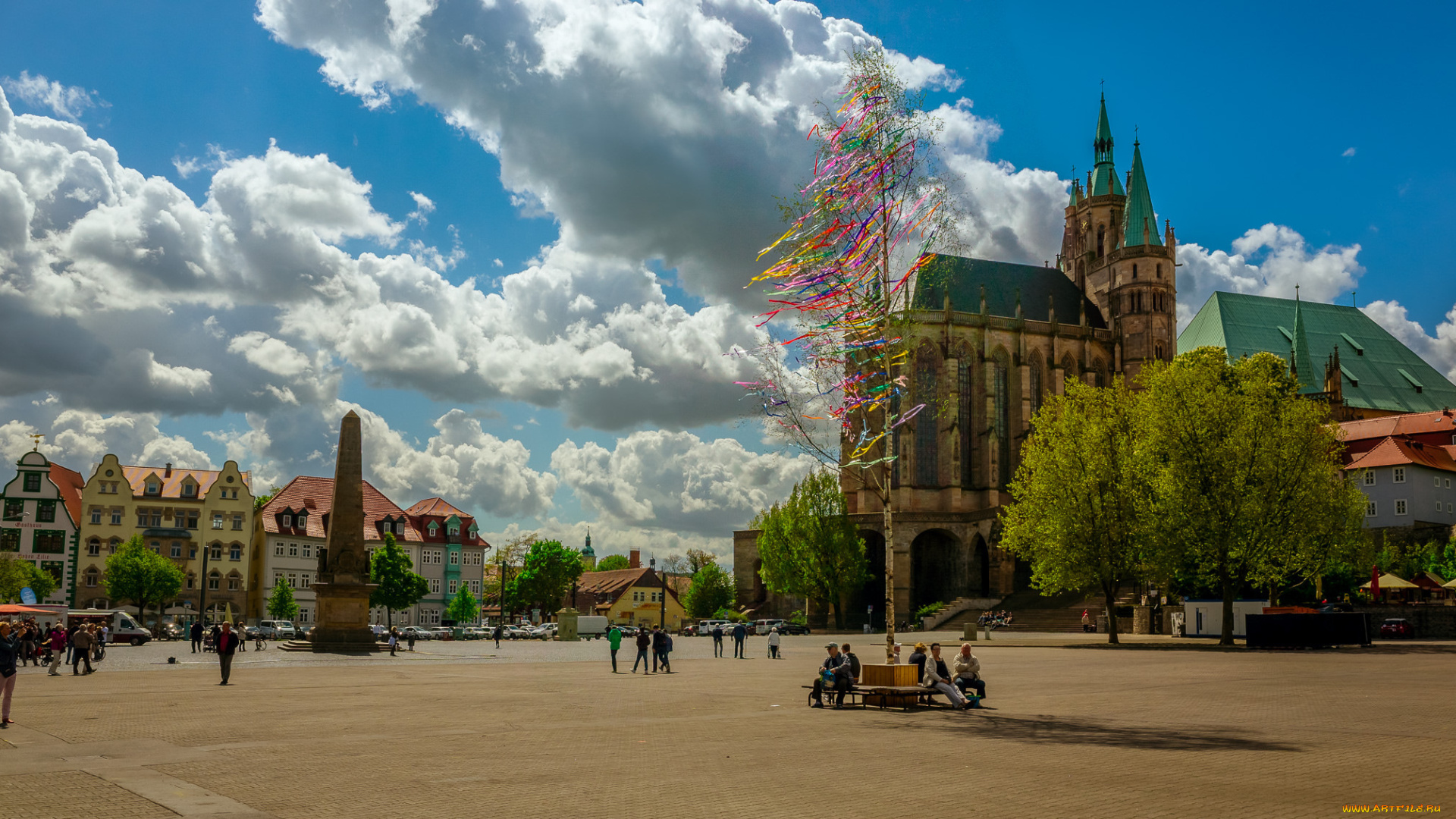 города, -, панорамы, эрфурт, собор, церковь, германия, дома, деревья, площадь