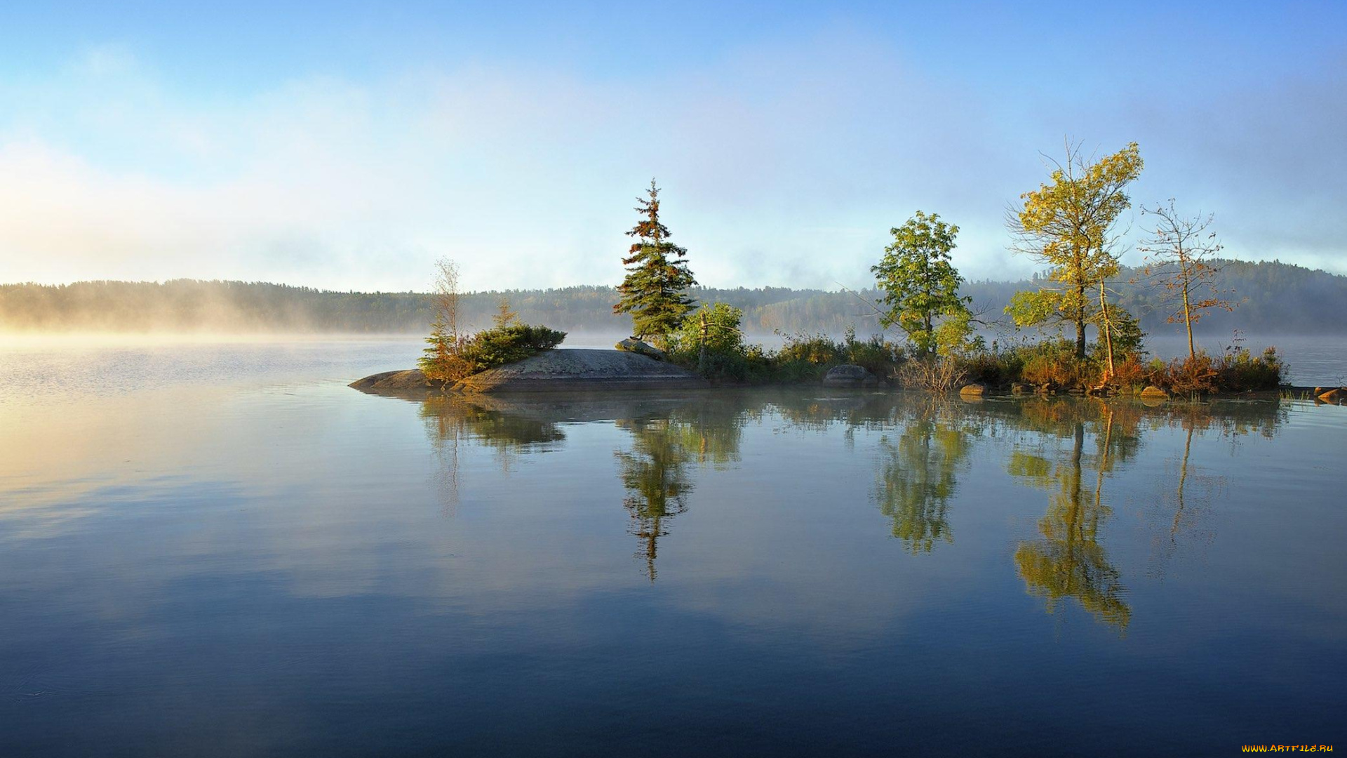 природа, реки, озера, деревья, озеро, остров, рассвет, утро