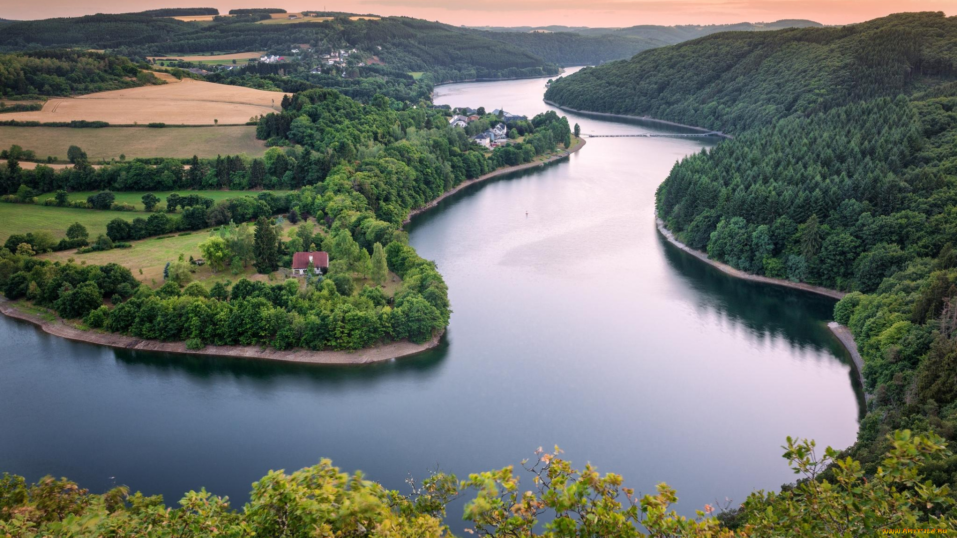 природа, реки, озера, река, закат, люксембург, поля, арденны