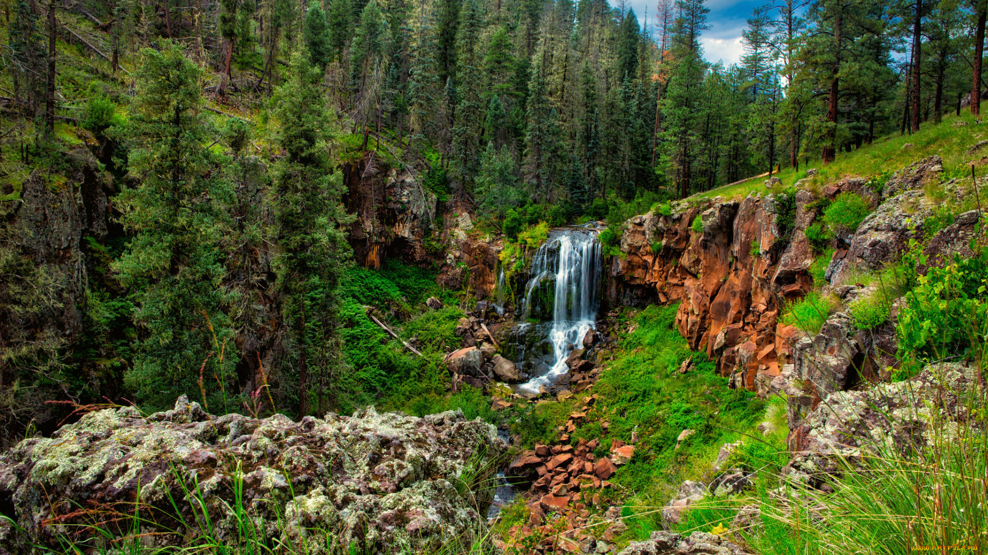природа, водопады, лес, река, водопад
